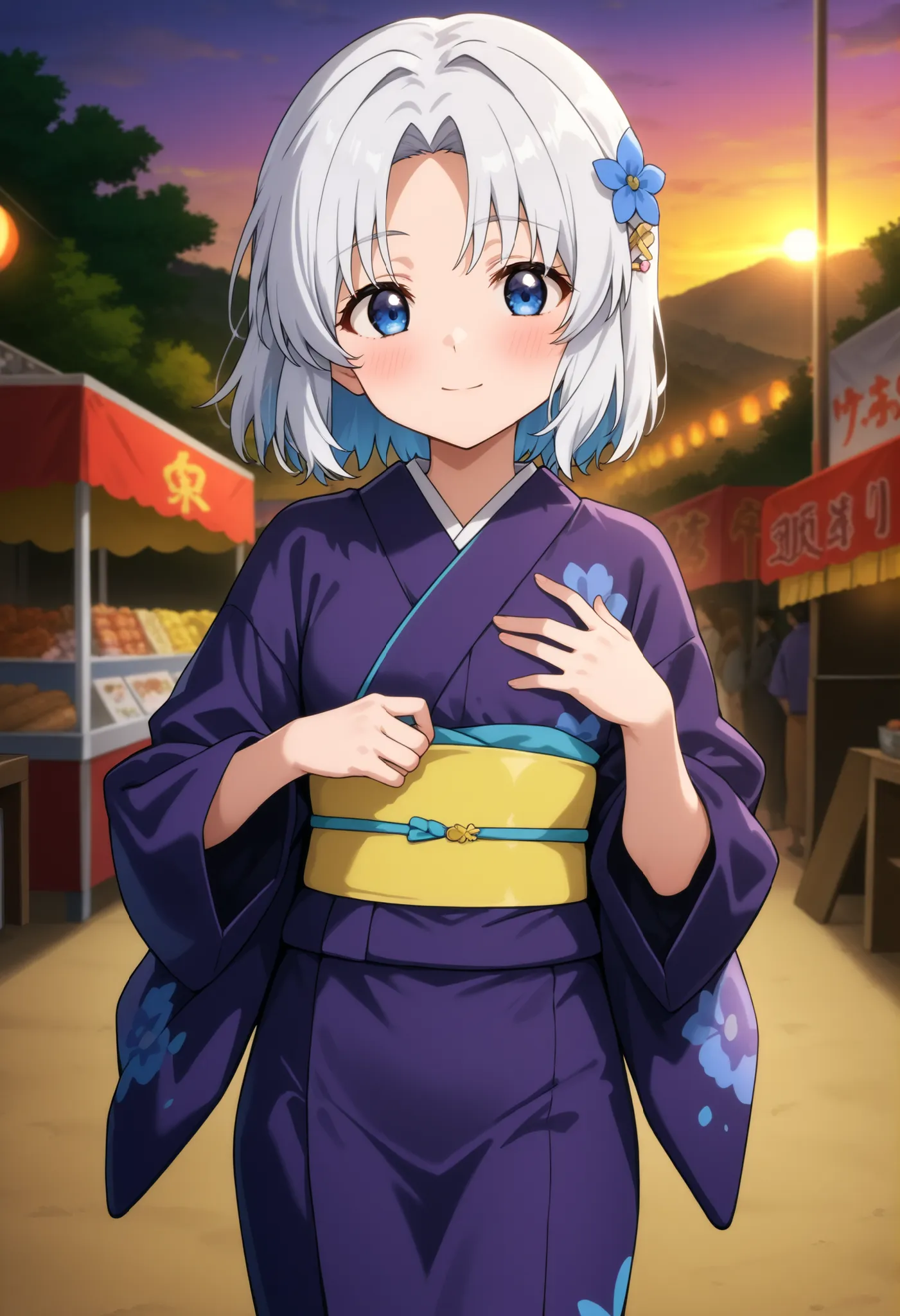 higurashikira, anime screencap, anime coloring, cowboy shot, 
1girl, solo, daughter, aged down, short female, toned female, white hair, short hair, parted bangs, blue eyes, small breasts, 
dark purple kimono, yellow obi, blue flower hairpin, 
looking at vi...