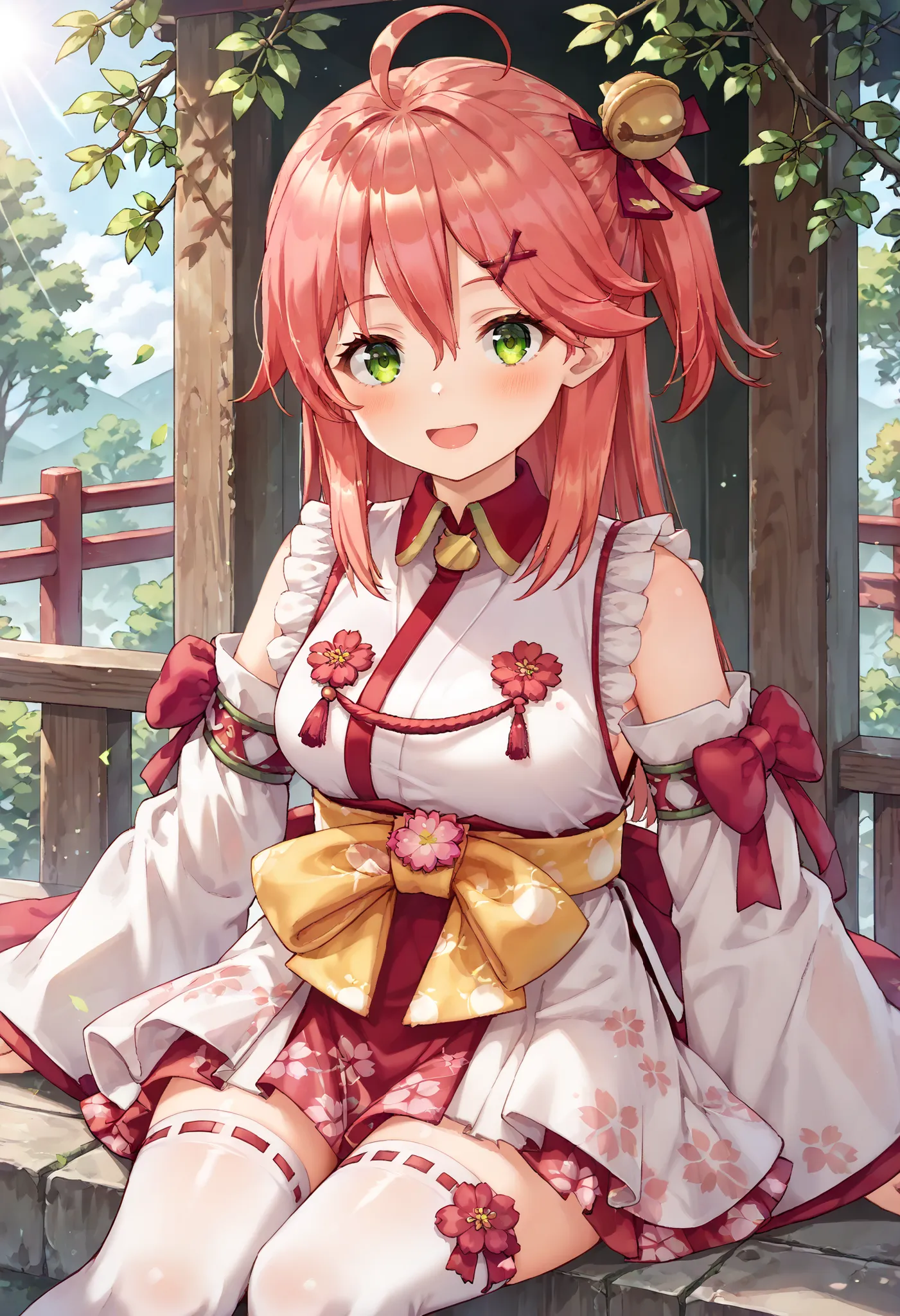masterpiece, best quality, highres, miko1, sakura_miko, young__1girl, large_breasts, solo, ahoge, x_hair_ornament, light_red_hair,blush, floral print, hairclip,(side_less_clothes:1.5), side_breasts, hair_bell, floral print, long_hair, hair between eyes, on...