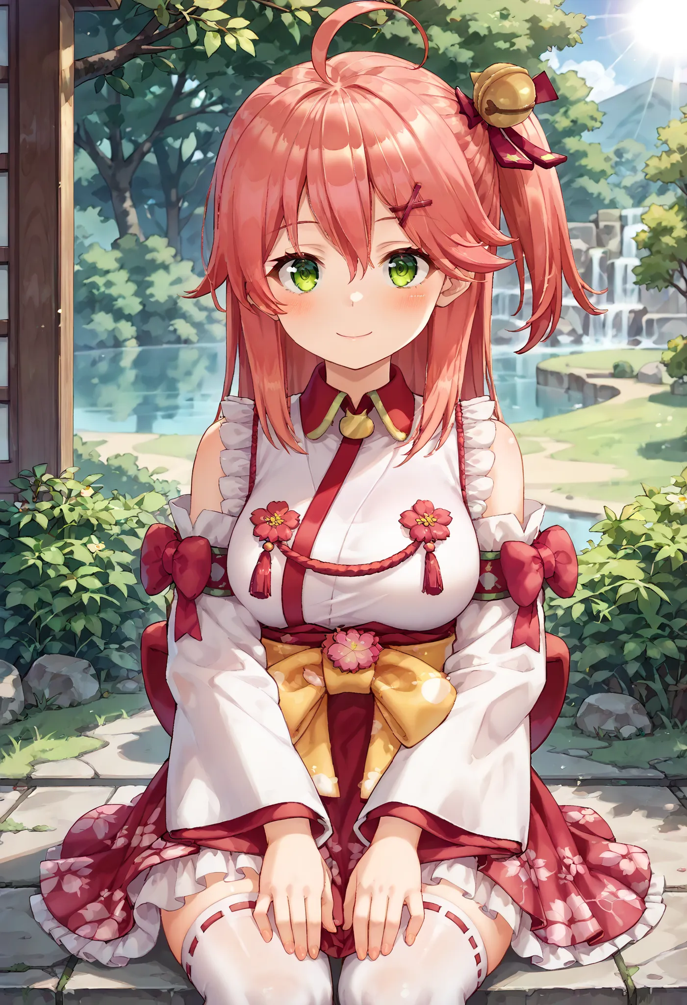 masterpiece, best quality, highres, miko1, sakura_miko, young__1girl, large_breasts, solo, ahoge, x_hair_ornament, light_red_hair,blush, floral print, hairclip,(side_less_clothes:1.5), side_breasts, hair_bell, floral print, long_hair, hair between eyes, on...