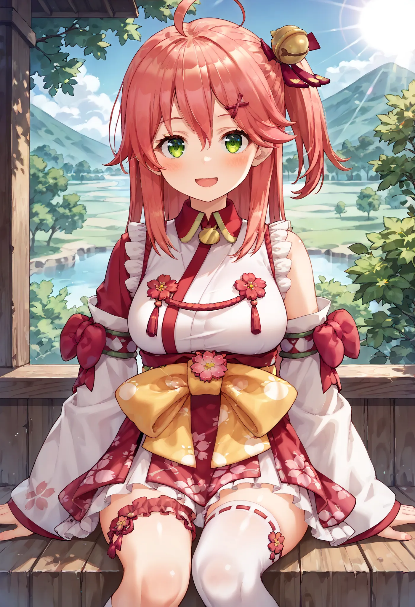 masterpiece, best quality, highres, miko1, sakura_miko, young__1girl, large_breasts, solo, ahoge, x_hair_ornament, light_red_hair,blush, floral print, hairclip,(side_less_clothes:1.5), side_breasts, hair_bell, floral print, long_hair, hair between eyes, on...