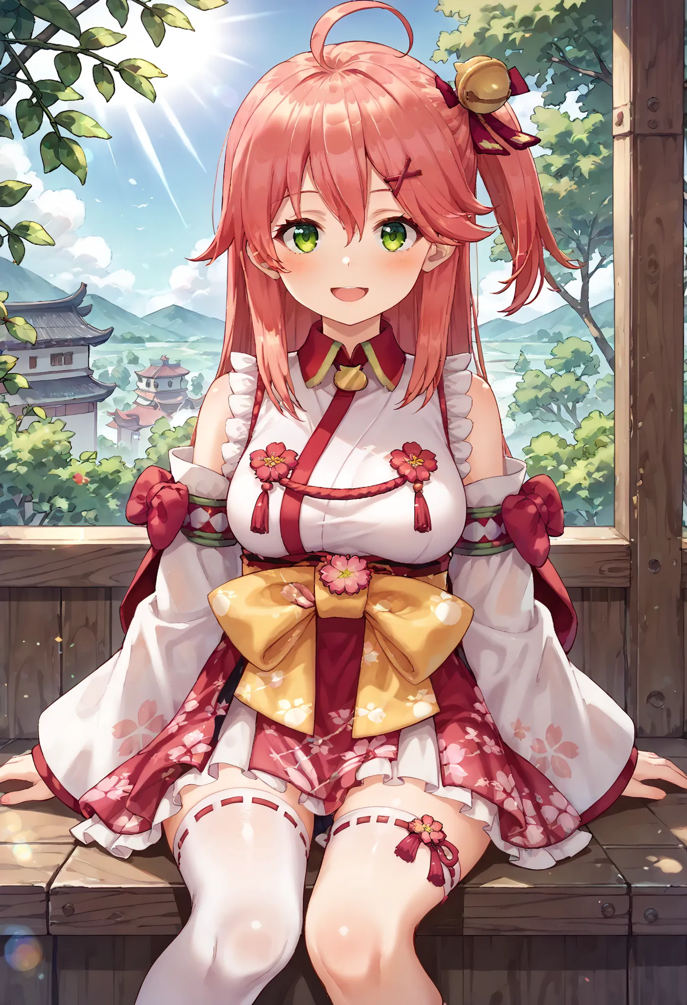 masterpiece, best quality, highres, miko1, sakura_miko, young__1girl, large_breasts, solo, ahoge, x_hair_ornament, light_red_hair,blush, floral print, hairclip,(side_less_clothes:1.5), side_breasts, hair_bell, floral print, long_hair, hair between eyes, on...