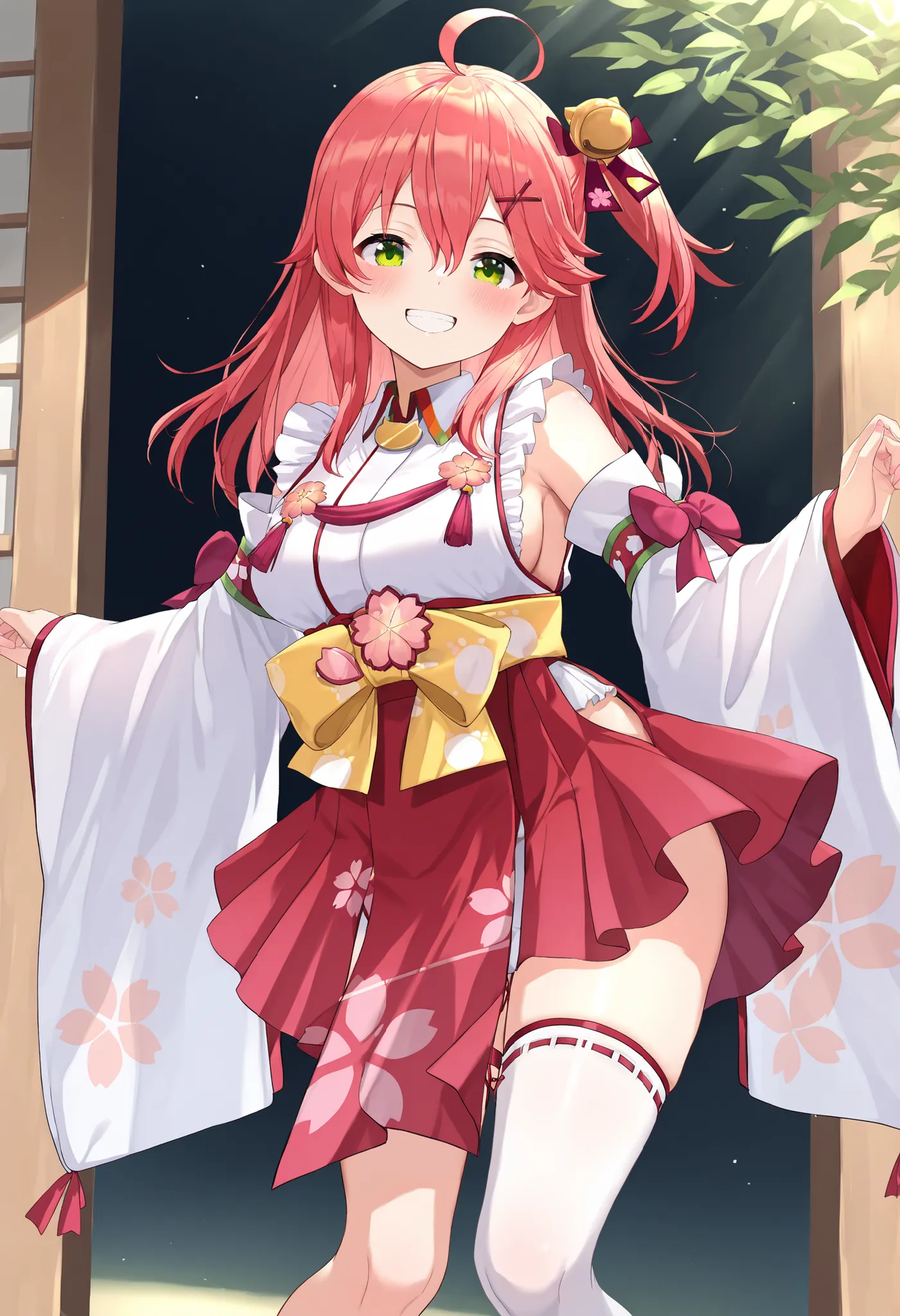 masterpiece, best quality, highres, miko1, sakura_miko, young_1teen_girl, large_breasts, solo, ahoge, x_hair_ornament, light_red_hair,blush, floral print, hairclip,(side_less_clothes:1.5), side_breasts, hair_bell, floral print, long_hair, hair between eyes...