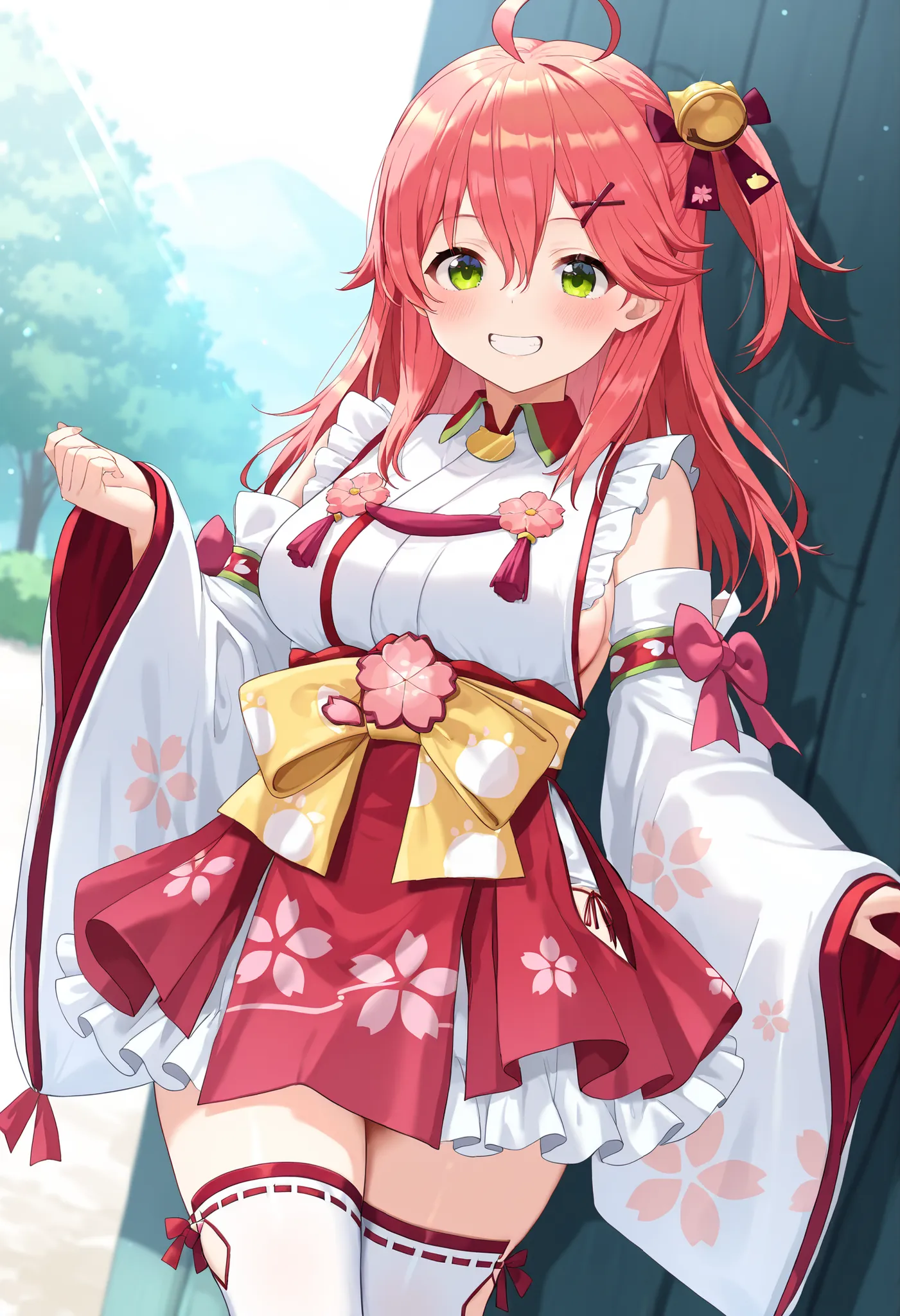 masterpiece, best quality, highres, miko1, sakura_miko, young_1teen_girl, large_breasts, solo, ahoge, x_hair_ornament, light_red_hair,blush, floral print, hairclip,(side_less_clothes:1.5), side_breasts, hair_bell, floral print, long_hair, hair between eyes...