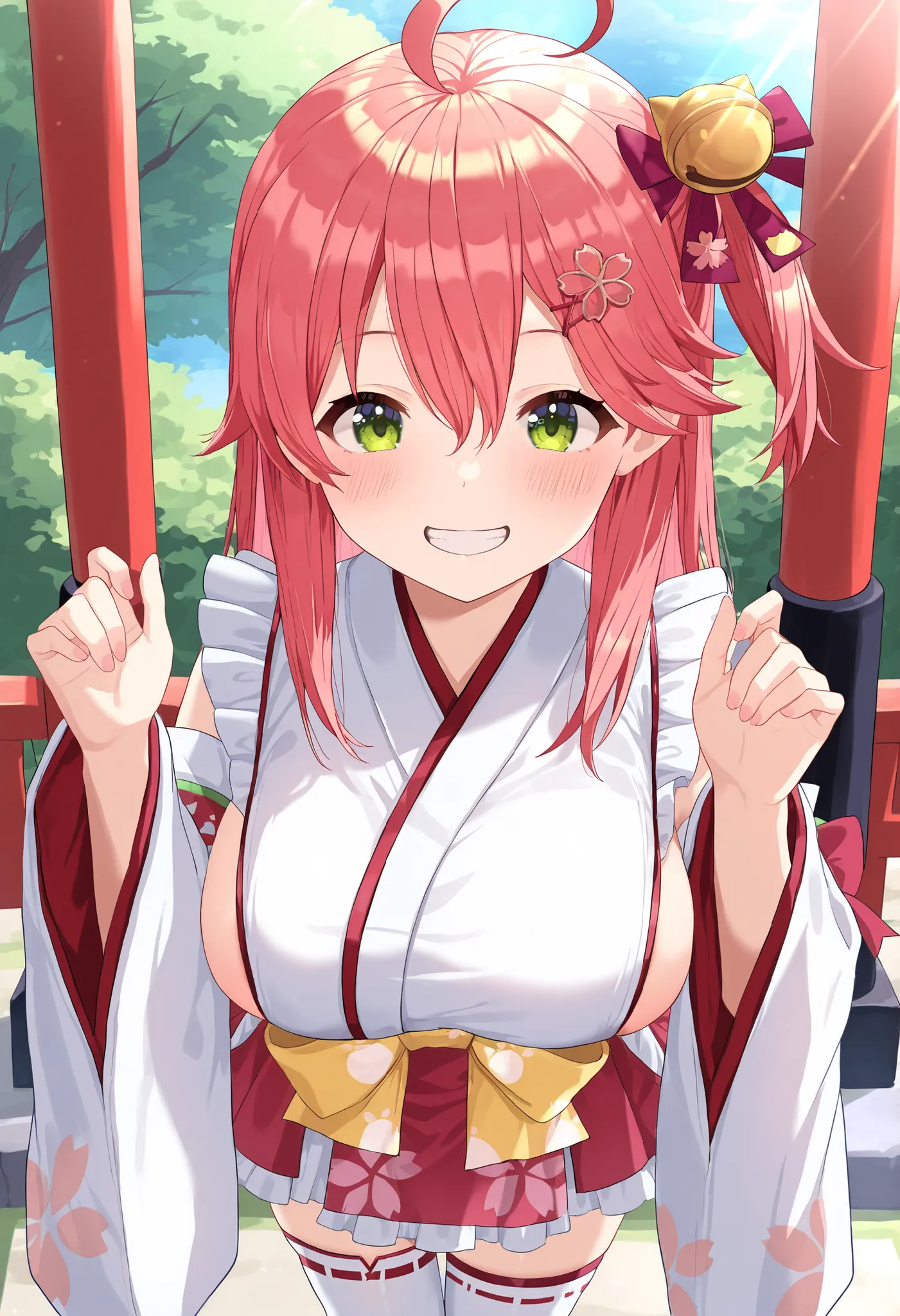 masterpiece, best quality, highres, miko1, sakura_miko, young_1teen_girl, large_breasts, solo, ahoge, x_hair_ornament, light_red_hair,blush, floral print, hairclip,(side_less_clothes:1.5), side_breasts, hair_bell, floral print, long_hair, hair between eyes...