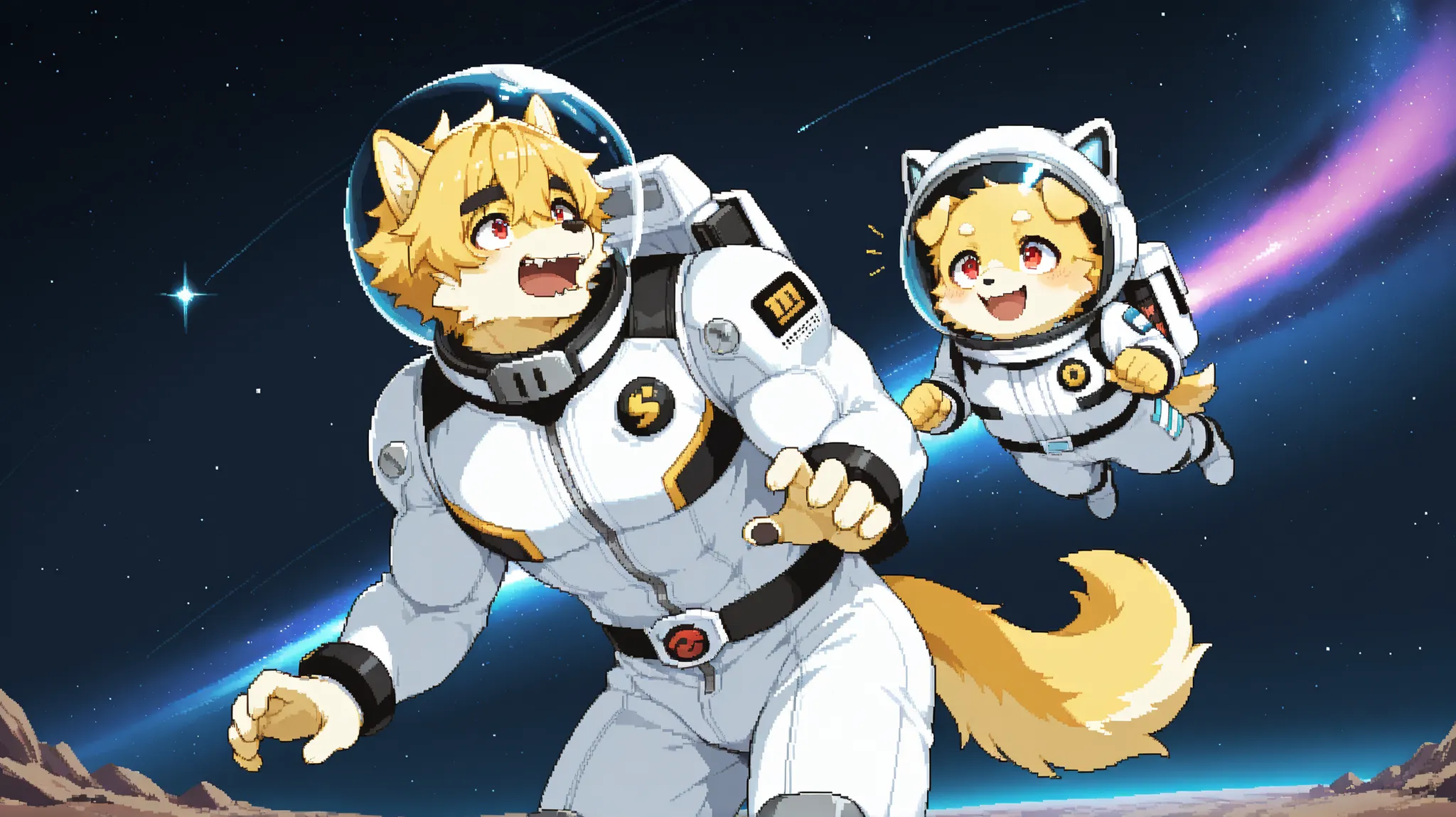 score_9, score_8_up, score_7_up, source_anime, pixel art, kemono, 1boy, solo, furry dog boy BREAK
Dog ears and tail, (furry, kemono), yellow hair BREAK bangs, red eyes BREAK short hair, (yellow fur skin), muscle growth BREAK
Space_suit, white suit, spa...