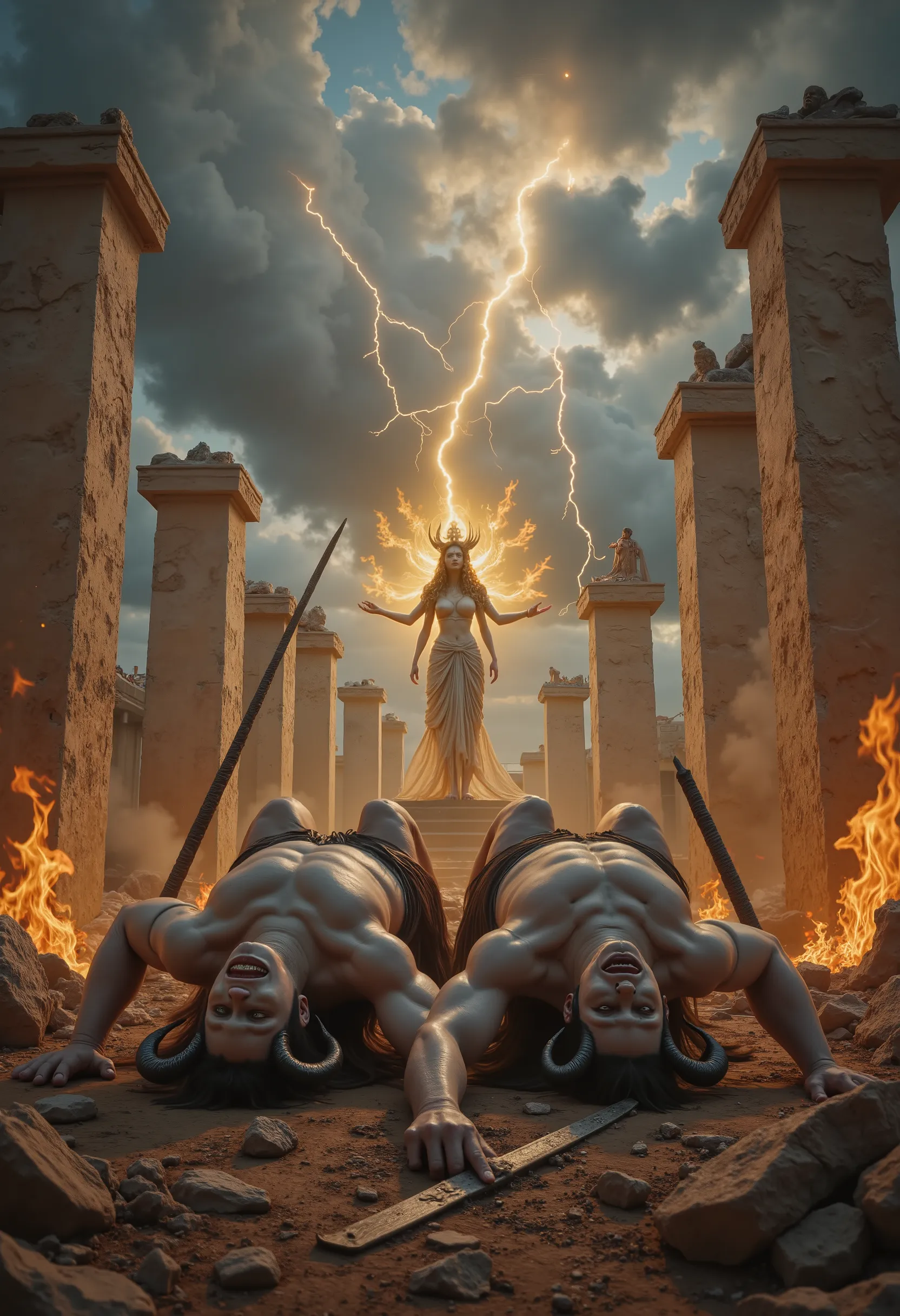 Epic mythological death scene — Two powerful humanoid-shaped demons, Sumbha and Nishumbha, both male with muscular, glowing light-grayish skin and sharp black horns on their foreheads, lie collapsed and lifeless on the battlefield. Their faces are frozen i...