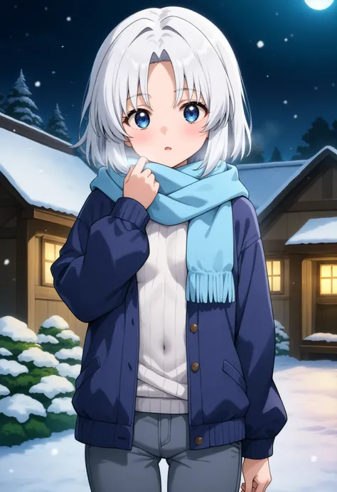 higurashikira, anime screencap, anime coloring, cowboy shot, 
1girl, solo, daughter, aged down, short female, toned female, white hair, short hair, parted bangs, blue eyes, small breasts, 
dark blue jacket, white turtleneck sweater, light blue scarf, dark ...