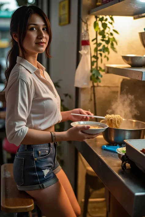 A warm and inviting scene unfolds as the sun casts a gentle glow on the bustling Warung Bakmi Glodok Jalan Glodok Jakarta. Tjia, a beautiful noodle trader, dressed in a crisp white shirt and mini blue jeans skirt, busily prepares steaming hot noodles for e...