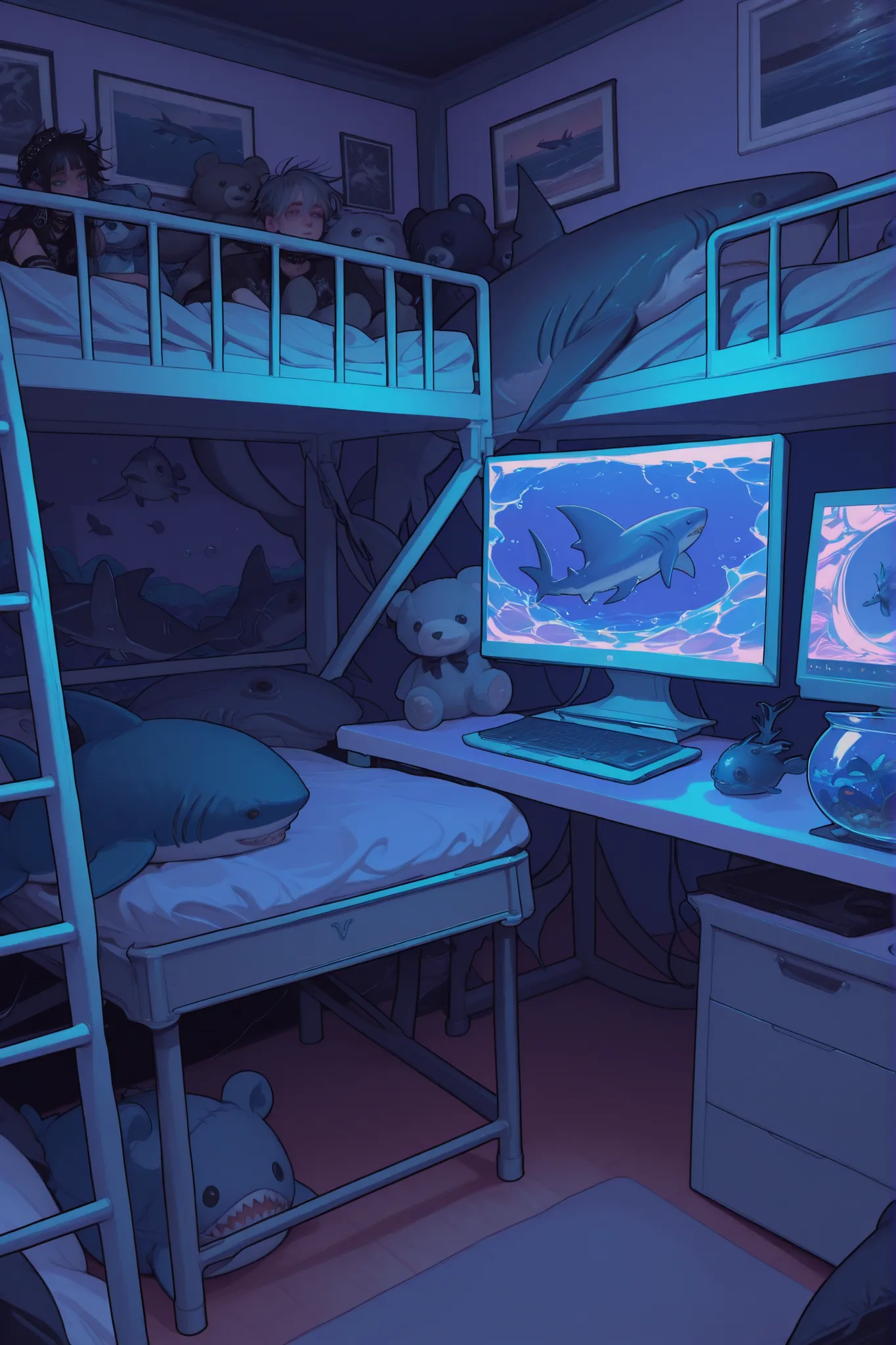 random empty dormroom, bunk bed ,gothic vaporwave,, shark stuffed animals, punk aesthetic, sea goth, navy blue and grey hues, empty bedroom, seapunk, aquariums, masculine,nautical decor, crustpunk sea goth, fish bowl aquariums, pc computer, big desk, blue...