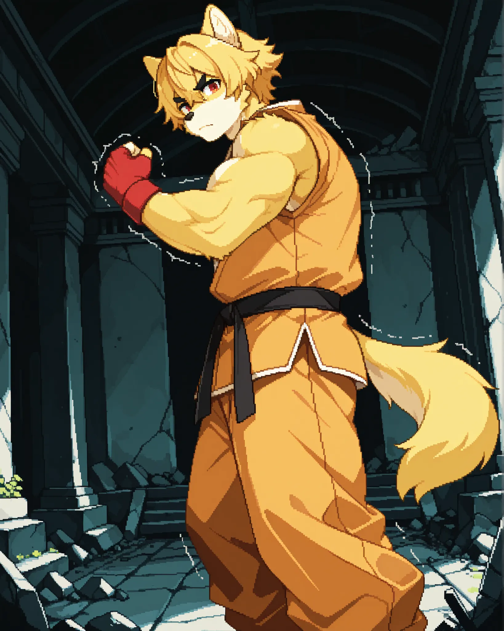 score_9, score_8_up, score_7_up, source_anime, pixel art, kemono, 1boy, solo, furry dog boy BREAK
Dog ears and tail, (furry, kemono), yellow hair BREAK bangs, red eyes BREAK short hair, (yellow fur skin), muscle growth BREAK
Orange dougi, fingerless gl...