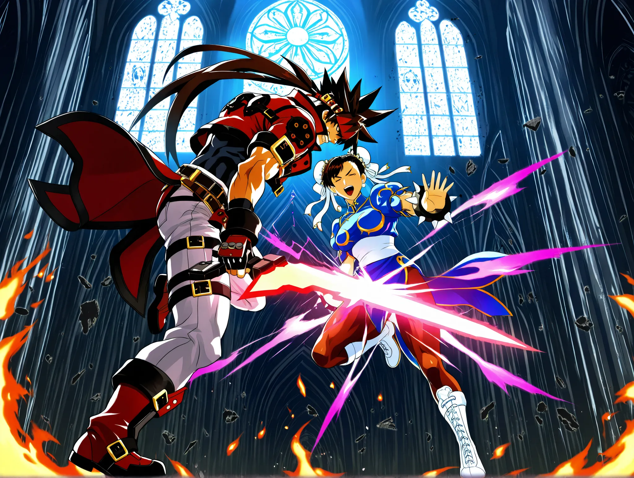 Epic anime-style battle inside a gothic cathedral with shattered stained glass windows. Sol Badguy is on the left, wielding his fire sword in a dramatic pose, flames and energy bursting from his blade. His red coat and headband are flowing, with exaggera...