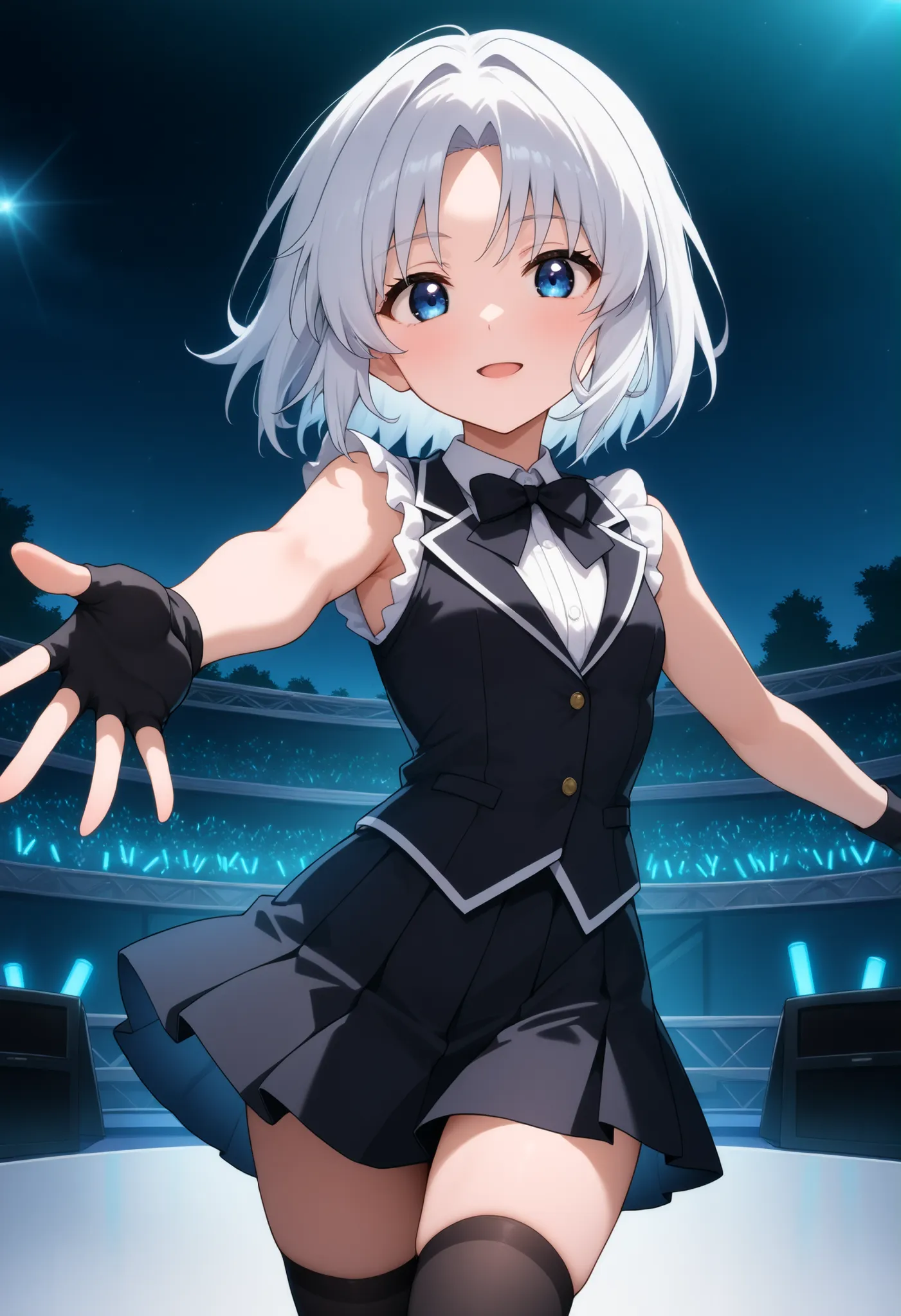 higurashikira, anime screencap, anime coloring, cowboy shot, 
1girl, solo, daughter, aged down, short female, toned female, white hair, short hair, parted bangs, blue eyes, small breasts, 
idol clothes, black vest, black bowtie, white sleeveless shirt, whi...