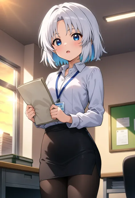 higurashikira, anime screencap, anime coloring, cowboy shot, 
1girl, solo, daughter, aged down, short female, toned female, white hair, short hair, parted bangs, blue eyes, small breasts, 
office lady, white long sleeves collared shirt, black pencil minisk...