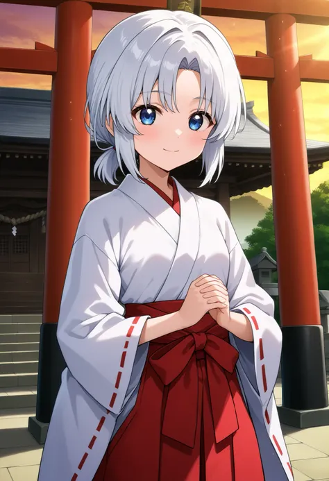 higurashikira, anime screencap, anime coloring, cowboy shot, 
1girl, solo, daughter, aged down, short female, toned female, white hair, low ponytail, short hair, ponytail, parted bangs, blue eyes, small breasts, 
miko clothes, white wide sleeves kimono, re...