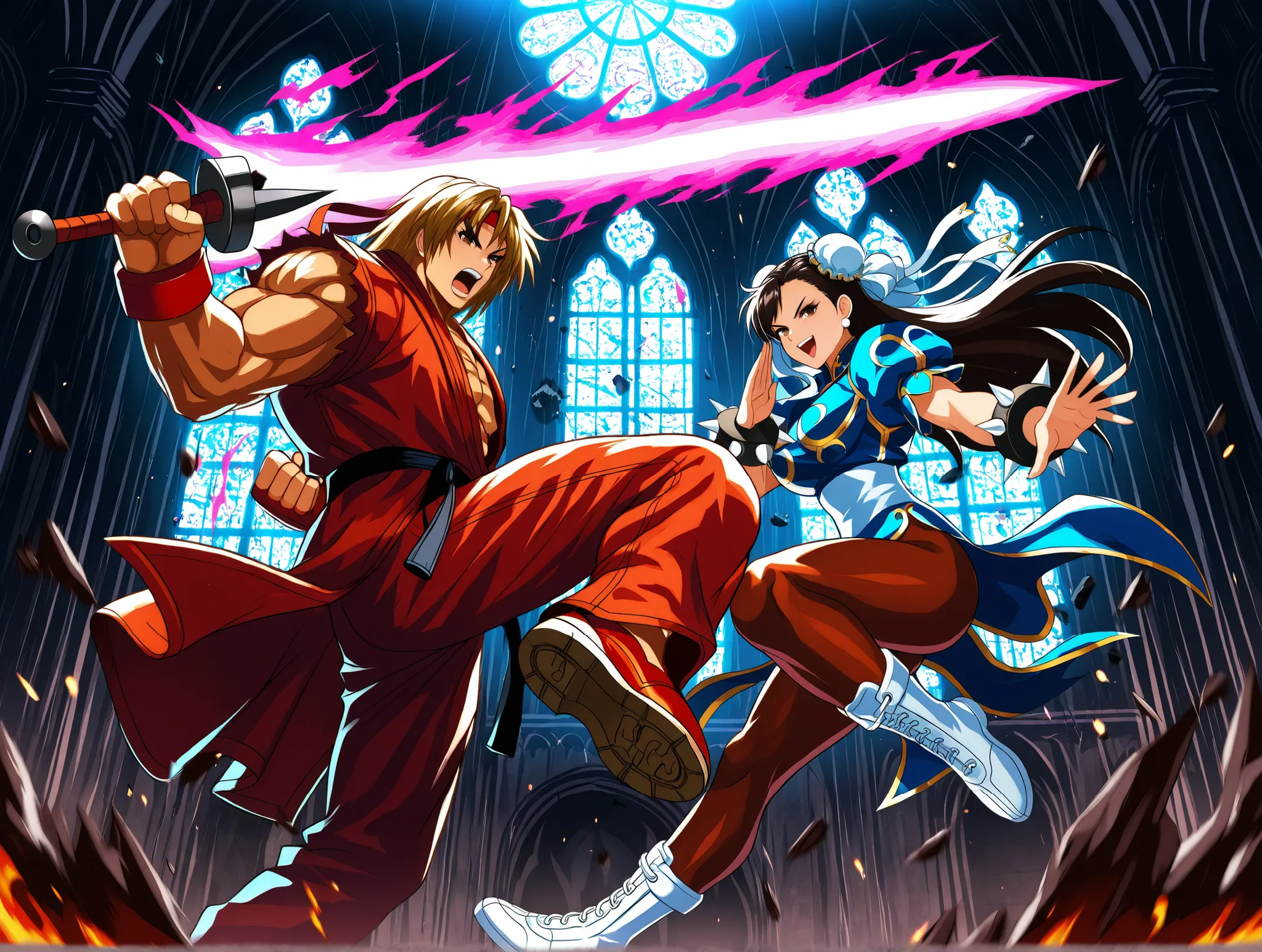 Epic anime-style battle inside a gothic cathedral with shattered stained glass windows. Ken Masters is on the left, wielding his fire sword in a dramatic pose, flames and energy bursting from his blade. His red coat and headband are flowing, with exagger...