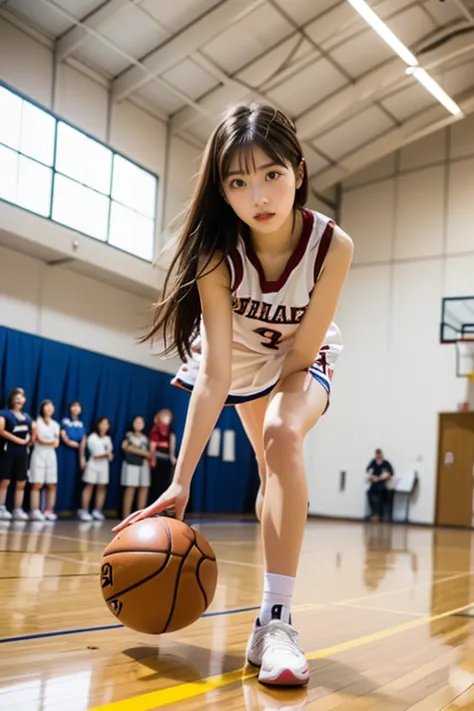masterpiece, Highest Quality, super detail, high image quality, realistic,A few high school girls playing basketball, (DYNAMIC POSE:1.2), (Dribble with one hand) , (basketball uniform), mature women who are rebellious to me, (light brown hair) bungs, Determined Expression, (masterpieceを目指す天使:1.2) Delicate Pictures ,  Super Detail,  (big gym)  , (A few high school girls playing basketball at the big tournament) , (large audience) , Dynamic angle , shot from below , Volume Lighting, ultra-realistic , professional level , Very Detailed Description , anatomically accurate , Brilliant Colors ,