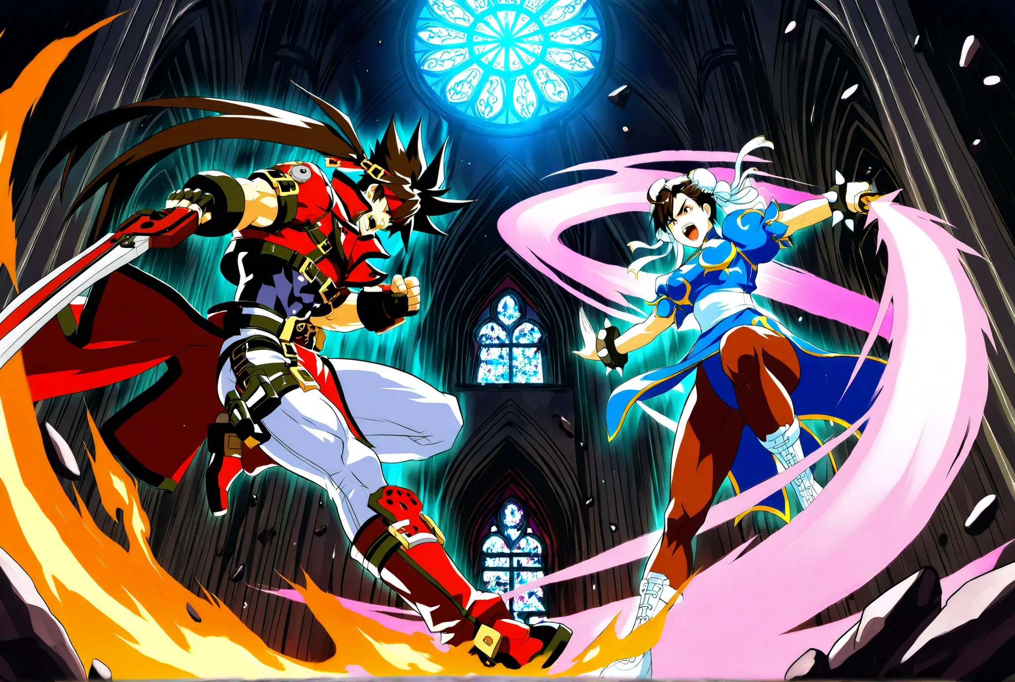 Epic anime-style battle inside a gothic cathedral with shattered stained glass windows. Sol Badguy is on the left, wielding his fire sword in a dramatic pose, flames and energy bursting from his blade. His red coat and headband are flowing, with exaggerat...