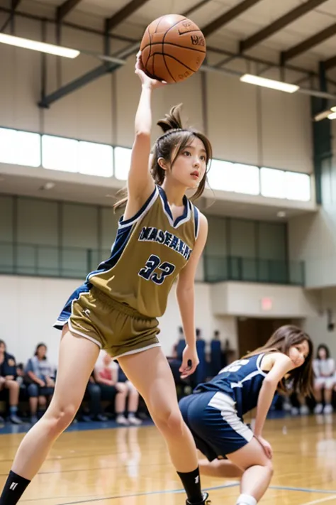 masterpiece, Highest Quality, super detail, high image quality, realistic,A few high school girls playing basketball, (DYNAMIC POSE:1.2), (Dribble with one hand) , (basketball uniform), mature women who are rebellious to me, (light brown hair) bungs, Determined Expression, (masterpieceを目指す天使:1.2) Delicate Pictures ,  Super Detail,  (big gym)  , (A few high school girls playing basketball at the big tournament) , (large audience) , Dynamic angle , shot from below , Volume Lighting, ultra-realistic , professional level , Very Detailed Description , anatomically accurate , Brilliant Colors ,