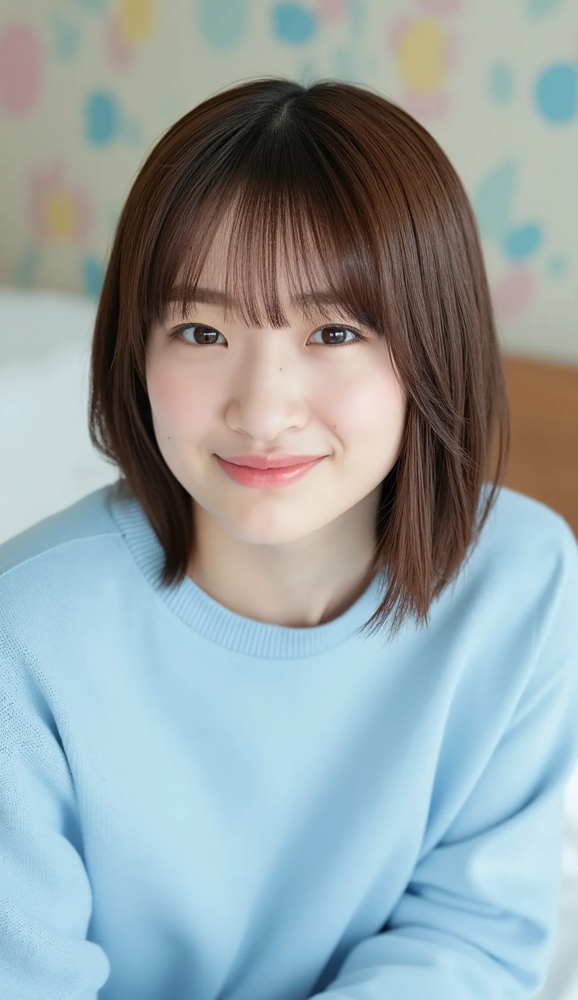 Photos taken from bottom to top, Low-angle, a portrait of a young Asian woman named Konnagi sitting on a bed. She has Shoulder length straight short brown hair with bangs and is wearing a light blue sweater. snow-white body. Her immature body looks very de...