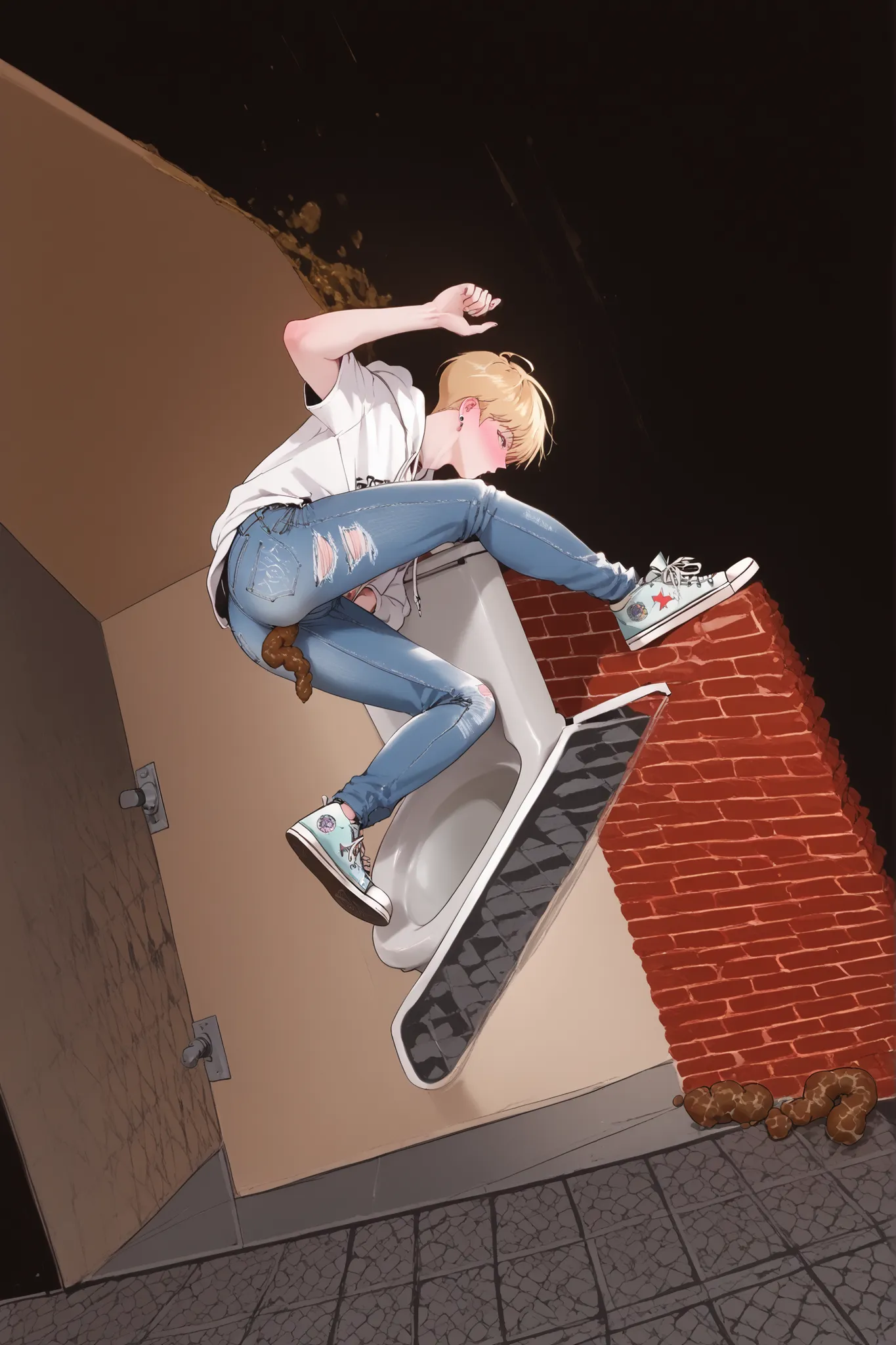 score_9, score_8_up, score_7_up, score_6, (masterpiece), best quality, Slim sporty boy 1boy, wearing hoodie, 1boy, (is lying,Legs lowered :1.1), (((Panty Poop ,nsfw, ass with poop)), internal, toilet,(((blush))) break, 1boy, blonde hair, (short bob, crew c...