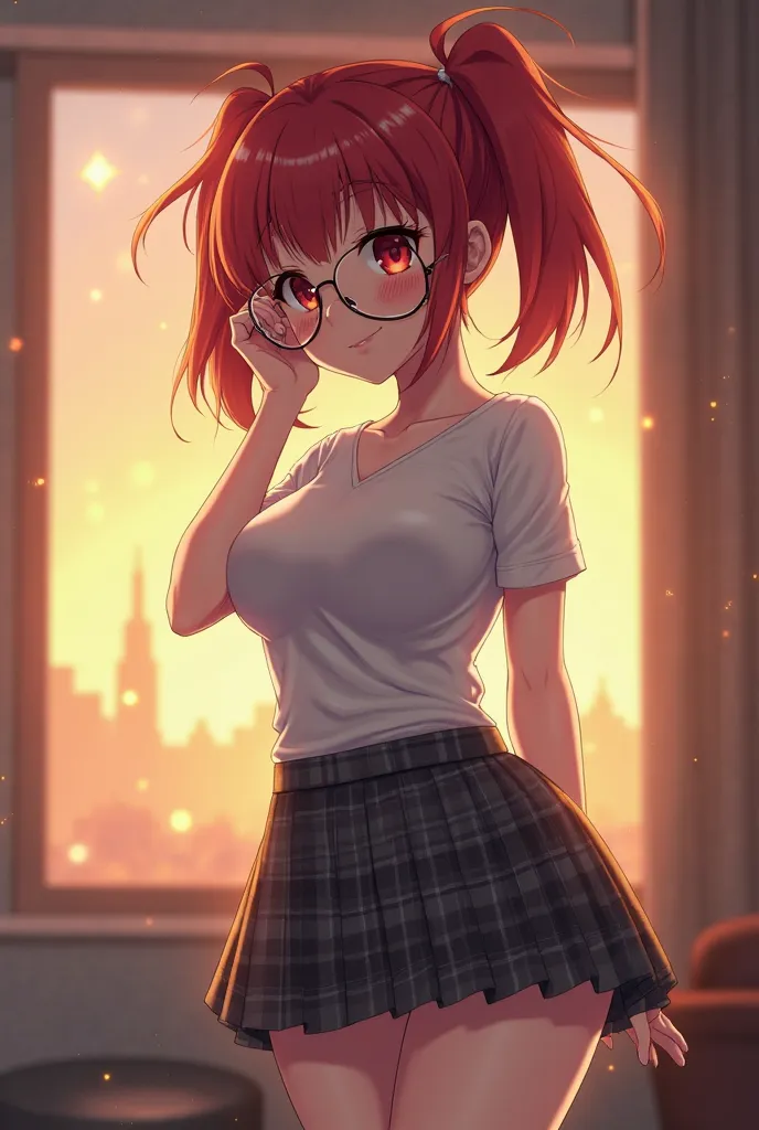 (anime, young girl, curvy, ultra detailed, a full body girl, red hair with tail two short and disheveled tails, detailed eyes,  large pupils , eyeglasses, flushed cheeks, shy and embarrassed smile, white tight shirt , Huge Breasts, hand on her cheek, slender waist, dark gray plaid small skirt, thick thighs, ), blurred background, hotel room,  illuminated environment, window with a sunset in the background with orange sparkles
