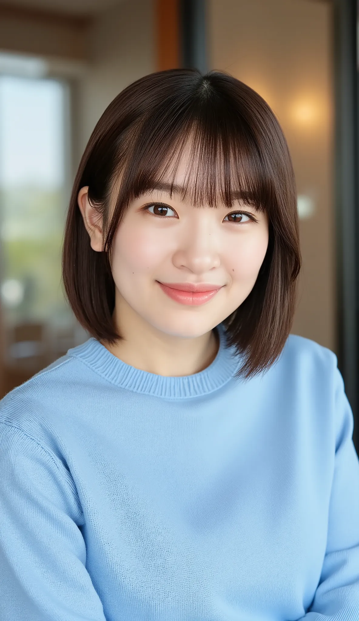 Photos taken from bottom to top, Low-angle, a portrait of a young Asian woman named Konnagi inside a japanese cafe. She has Shoulder length straight short brown hair with bangs and is wearing a light blue sweater. snow-white body. Her immature body looks v...