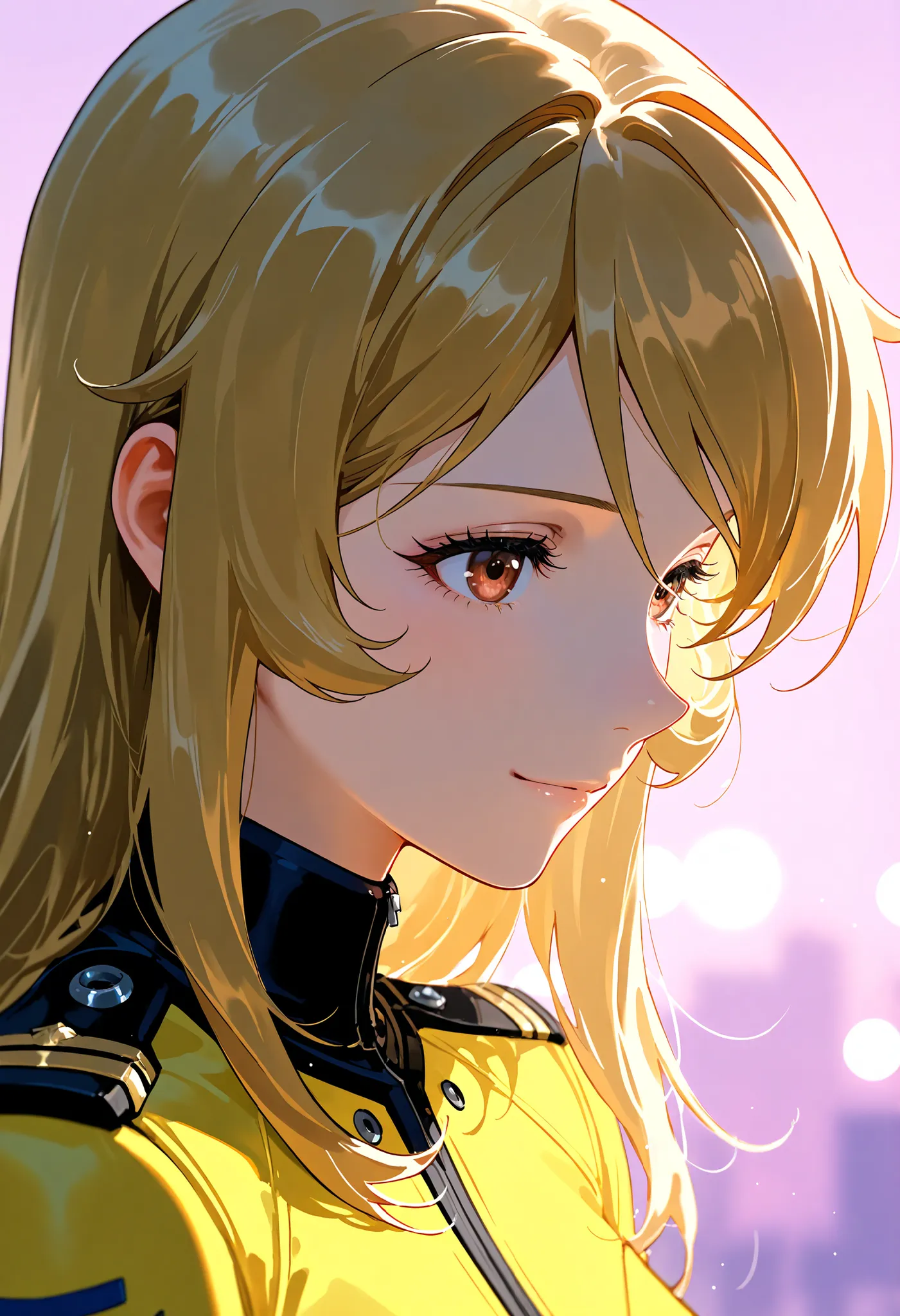 1girl, mori yuki, uchuu senkan yamato 2199, yellow clothes, watercolor background, watercolor pale pink background, distance sea, faraway sea of earth, portrait, upper body, girl focus, backlighting, depth of field, blurry background, light smile, watercol...