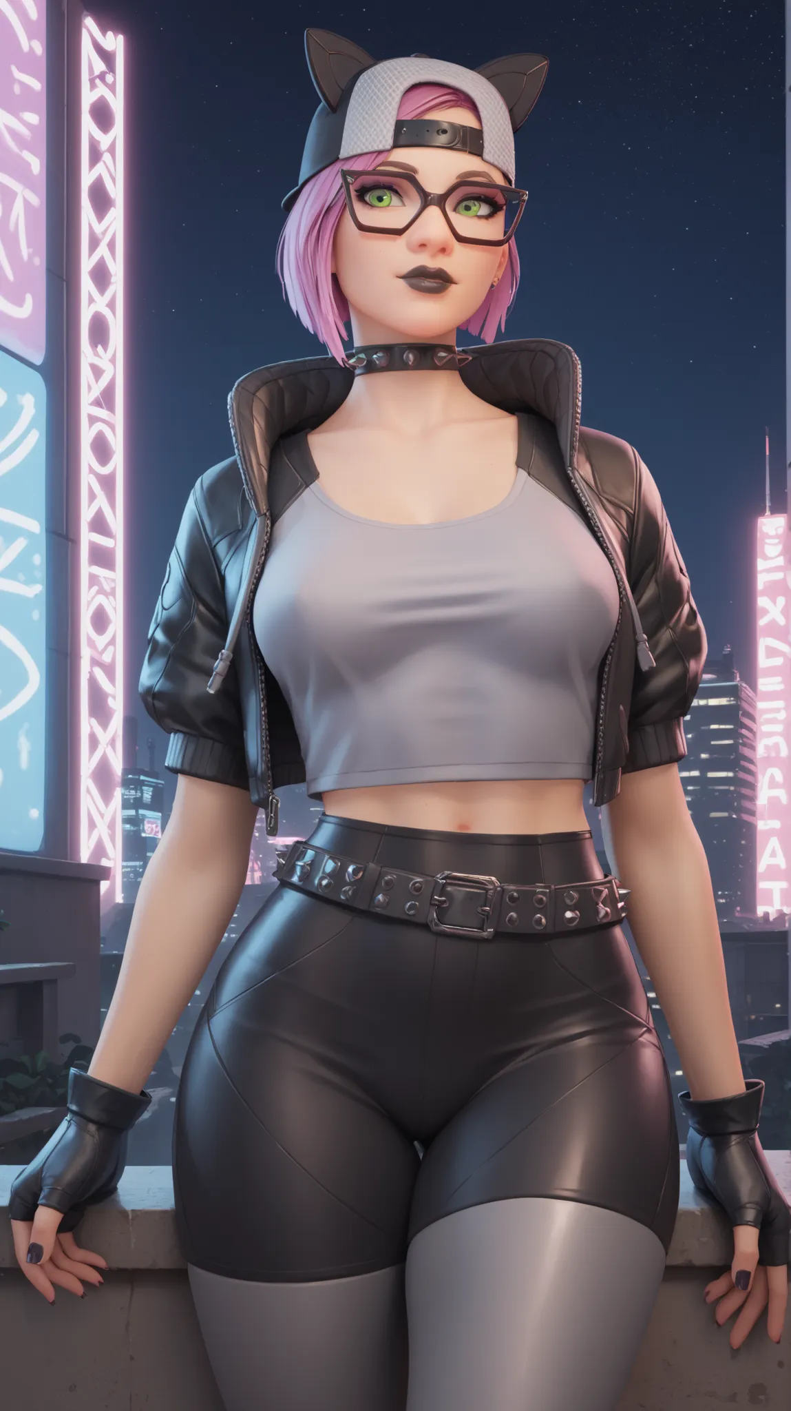 girl (masterpiece)spiked belt,choker,spiked collar,black lips, black cap, black cat ears,fingerless gloves,evening (only)loose V-neck gray T-shirt, black short jacket,black shorts with gray leggings,,tight spandex shorts,video games, exterior of an cyberpu...