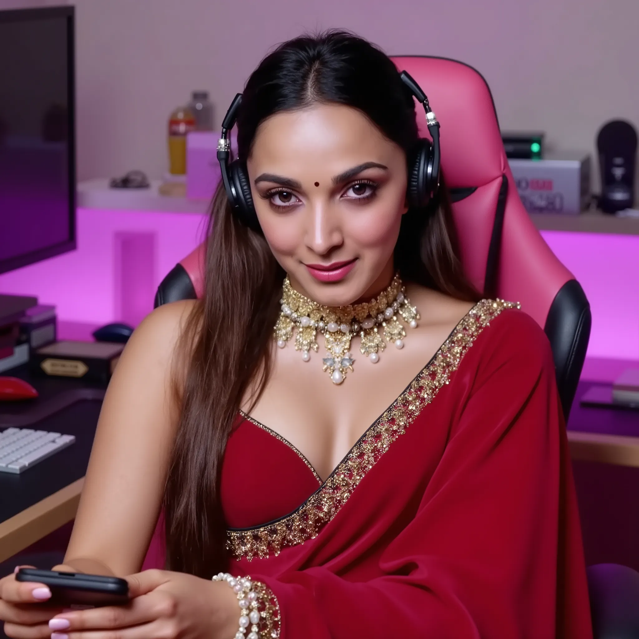 A beautiful young female streamer sitting properly on a stylish pink and black gaming chair, front view. She is wearing a red glittering saree with elegant detailing that sparkles under the lights. She is sitting close to the camera with a confident and re...