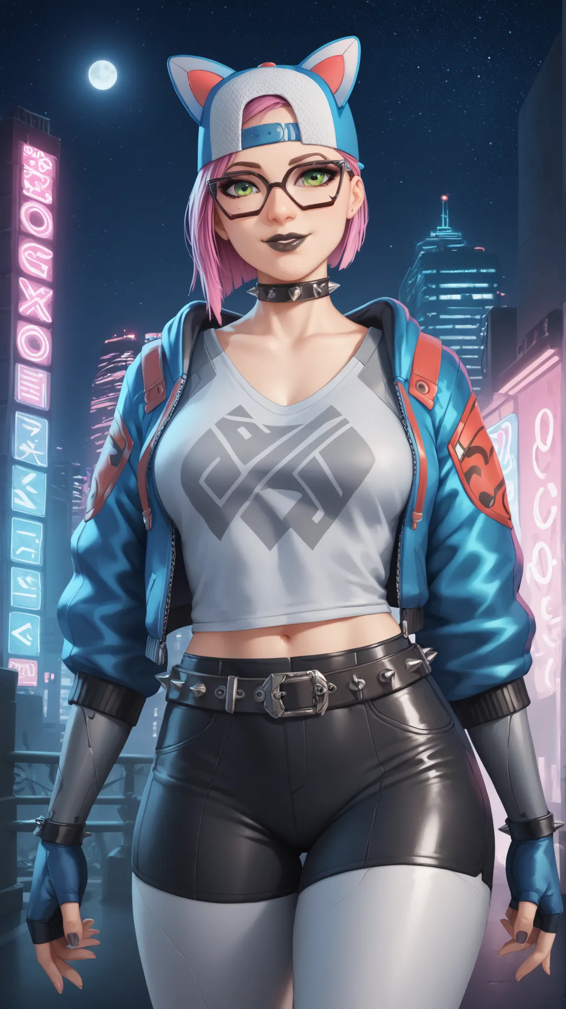 girl (masterpiece)spiked belt,choker,spiked collar,black lips,mischievous smile,beautiful bright green eyes, cap, cat ears,fingerless gloves,evening (only)loose V-neck gray T-shirt, blue short jacket,black shorts with white leggings,tight spandex shorts,vi...