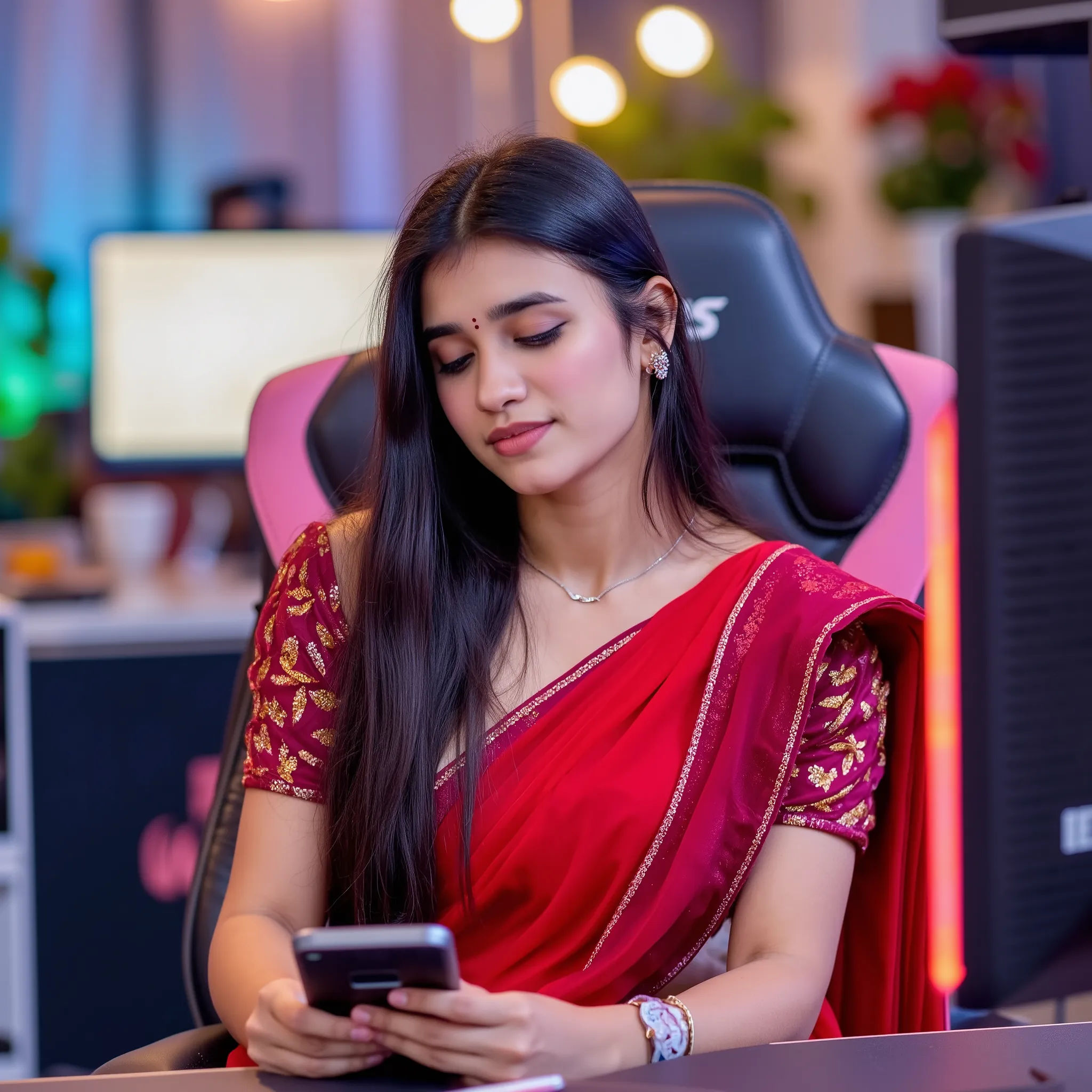 A beautiful young female streamer sitting properly on a stylish pink and black gaming chair, front view. She is wearing a red glittering saree with elegant detailing that sparkles under the lights. She is sitting close to the camera with a confident and re...