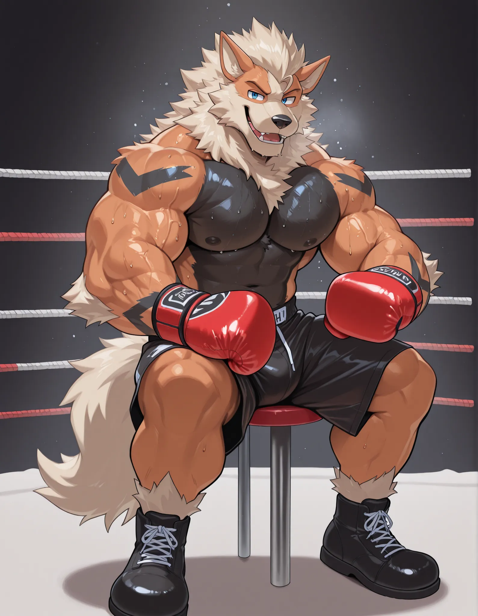Arcanine, anthro male, high quality, full body, looking at viewer, solo, boxing ring background, red boxing gloves, thick very veiny arms, very muscular, black boxing shorts, black boxing shoes, heavyweight boxing champion, bushy eyebrows, glistening fur, ...