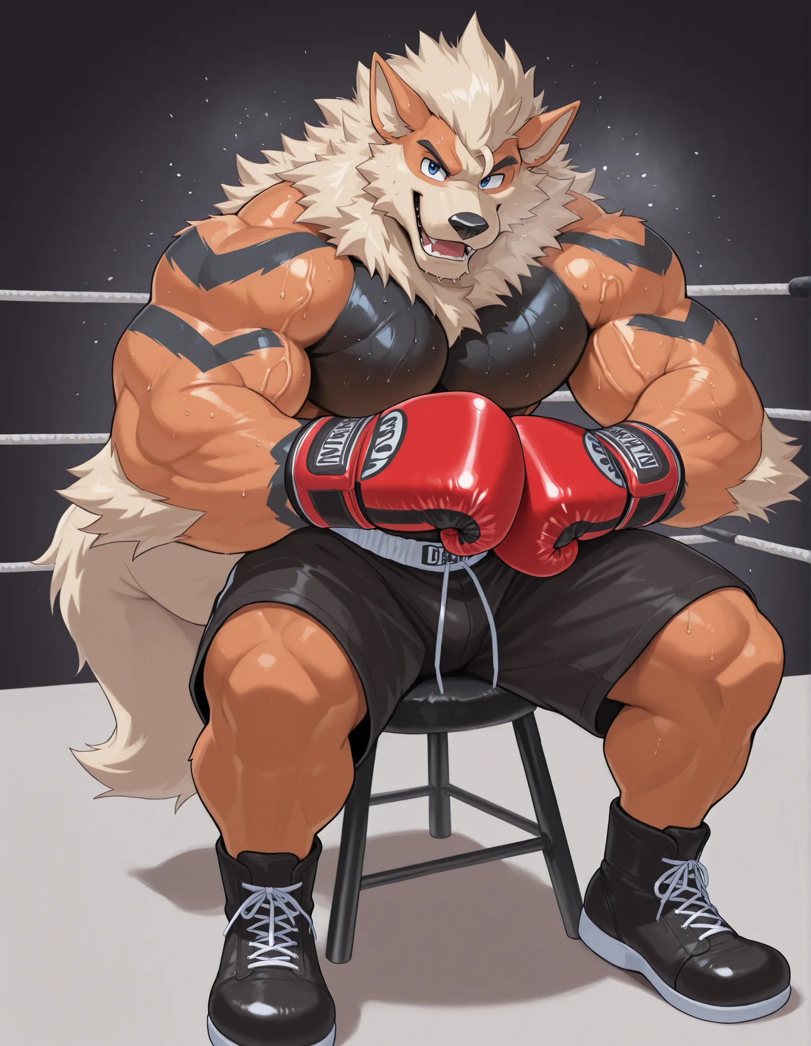 Arcanine, anthro male, high quality, full body, looking at viewer, solo, boxing ring background, red boxing gloves, thick very veiny arms, very muscular, black boxing shorts, black boxing shoes, heavyweight boxing champion, bushy eyebrows, glistening fur, ...