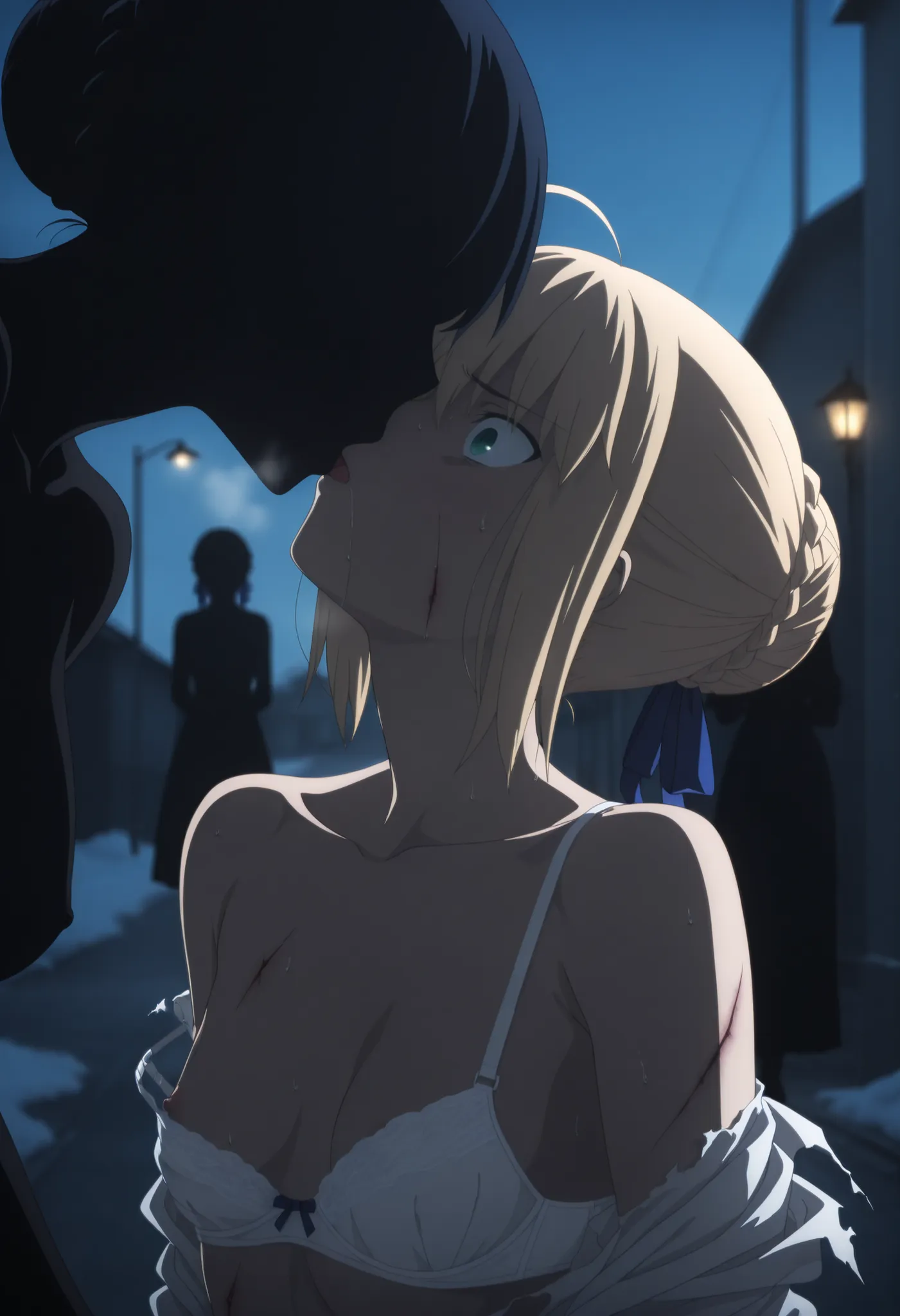 masterpiece, best quality, amazing quality, highres, absurdres, very aesthetic, high resolution, ultra detailed, perfect details, , evening, outdoors, ufotable style, (residential street, , snow,), (lamp, blue hour), , upper body, 
 
2girls, ufotable style...