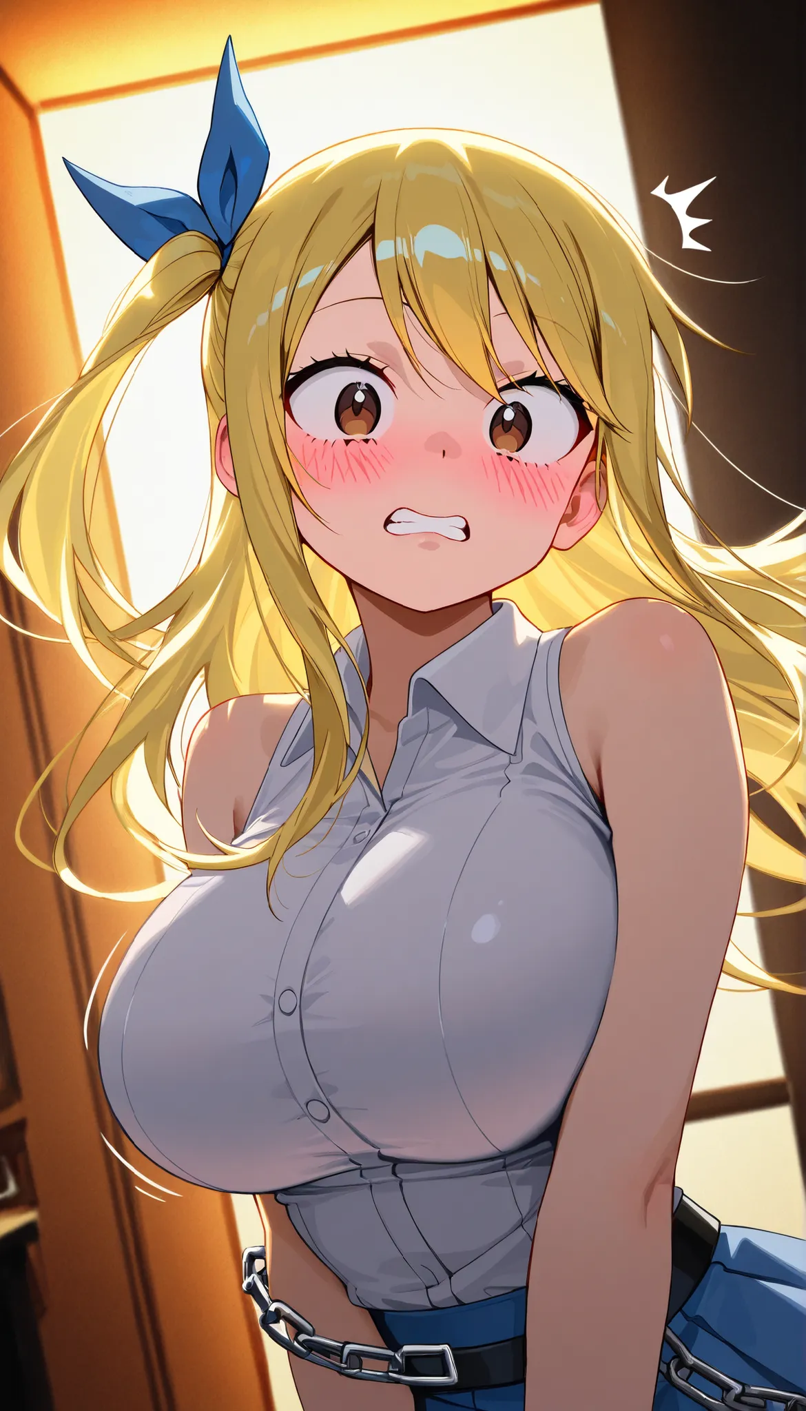 masterpiece,  best quality , 8k, 20th generation、lucy heartfilia, blon de hair, brown eyes, on e side up, ribbon , hair ribbon , blue ribbon , lon g hair, skirt, shirt, bare shoulders, boots, sleeveless, blue skirt, sleeveless shirt, white shirt, zipper,（B...