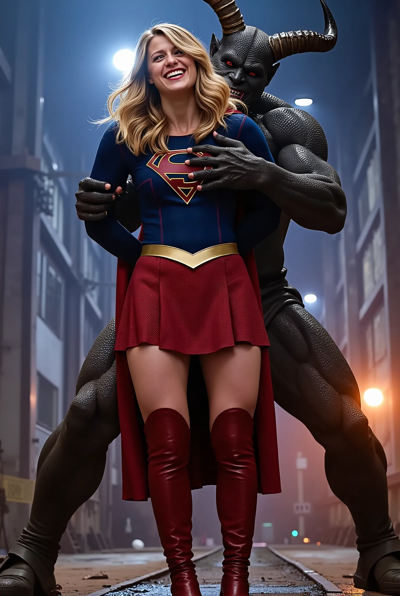 Melissa Benoist as Supergirl, fighting with a strong fierce devil, she is screaming in pain, do not smile, arms behind her back, try to resist, wearing a Supergirl costume, blue shirt and very short skirt, red high boots, she is attacked from behind by a h...