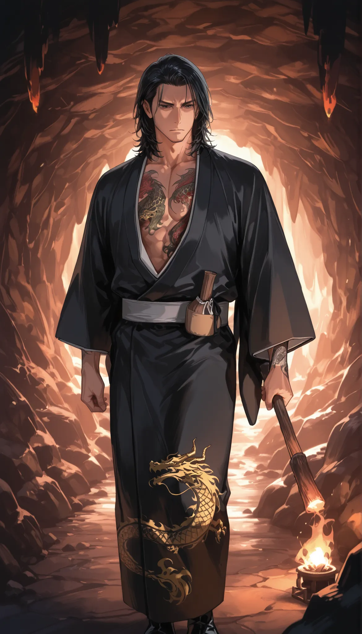 yakuza boy, black hair, medium hair, six pack chest, japanese black kimono with dragon pattern, handsome, dragon tattoo, standing, background Japanese dragon cave, torch