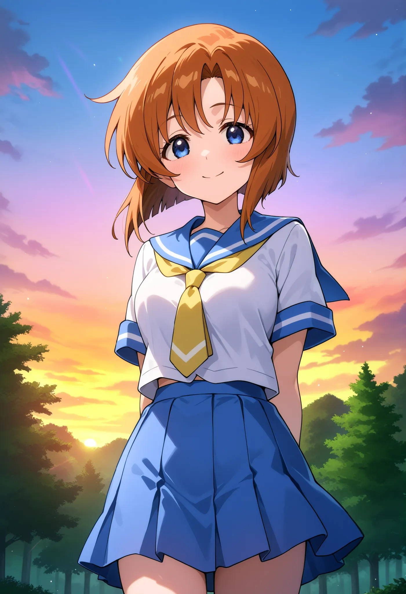 higurashikira, anime screencap, anime coloring, cowboy shot, 
1girl, solo, ryuuguu rena, medium female, orange hair, short hair, blue eyes, medium breasts, 
school uniform, white shirt, short sleeves shirt, blue sailor collar, yellow necktie, blue pleated ...