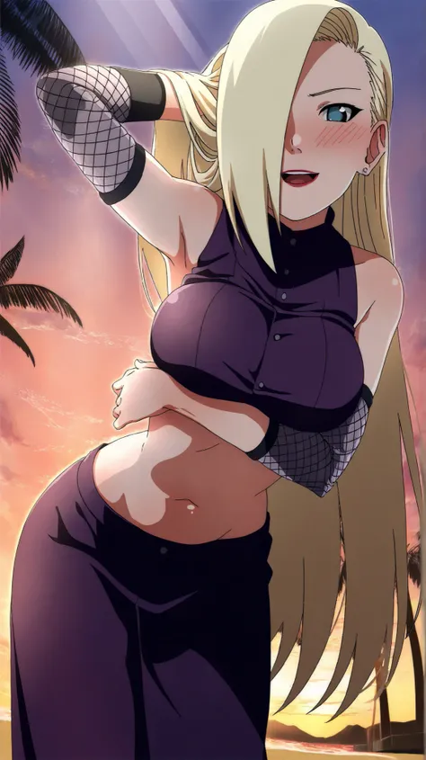 1girl, ino yamanaka, blank period, long hair, hair over one eye, earring, blush, smile, lipstick, shy, submissive, cute face, clear skin, shiny hair, beautiful face, seductive, athletic build, voluptuous, purple high-collared blouse, mesh arm warmers, midr...