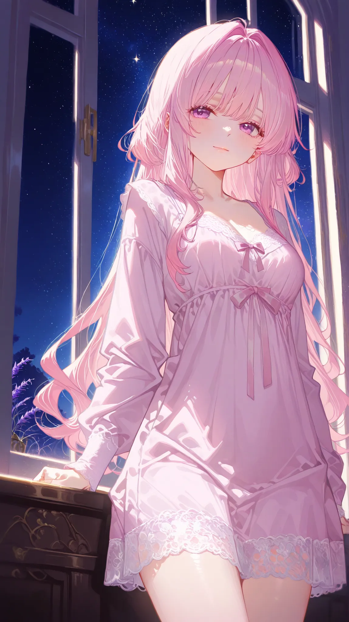 A soft and dreamy anime-style girl with long pastel pink hair, wearing a modest lavender nightgown with delicate lace details. She is standing near a window, gazing up at the starry night sky with a peaceful, thoughtful expression. The moonlight and stars ...