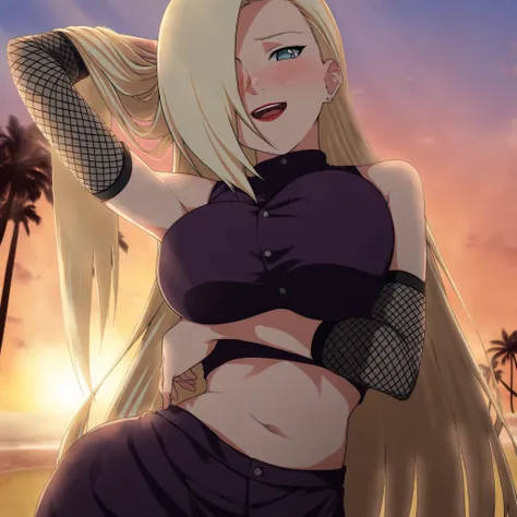 1girl, ino yamanaka, blank period, long hair, hair over one eye, earring, blush, smile, lipstick, shy, submissive, cute face, clear skin, shiny hair, beautiful face, seductive, athletic build, voluptuous, purple high-collared blouse, mesh arm warmers, midr...
