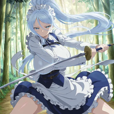 masterpiece, best quality, amazing quality, very aesthetic, absurdres, newest, scenery, 1girl, solo, huge breasts, serious, half-closed eyes,  long hair, blue eyes, hair between eyes, light blue hair, high ponytail, sidelocks, maid headdress, neck ribbon, ...