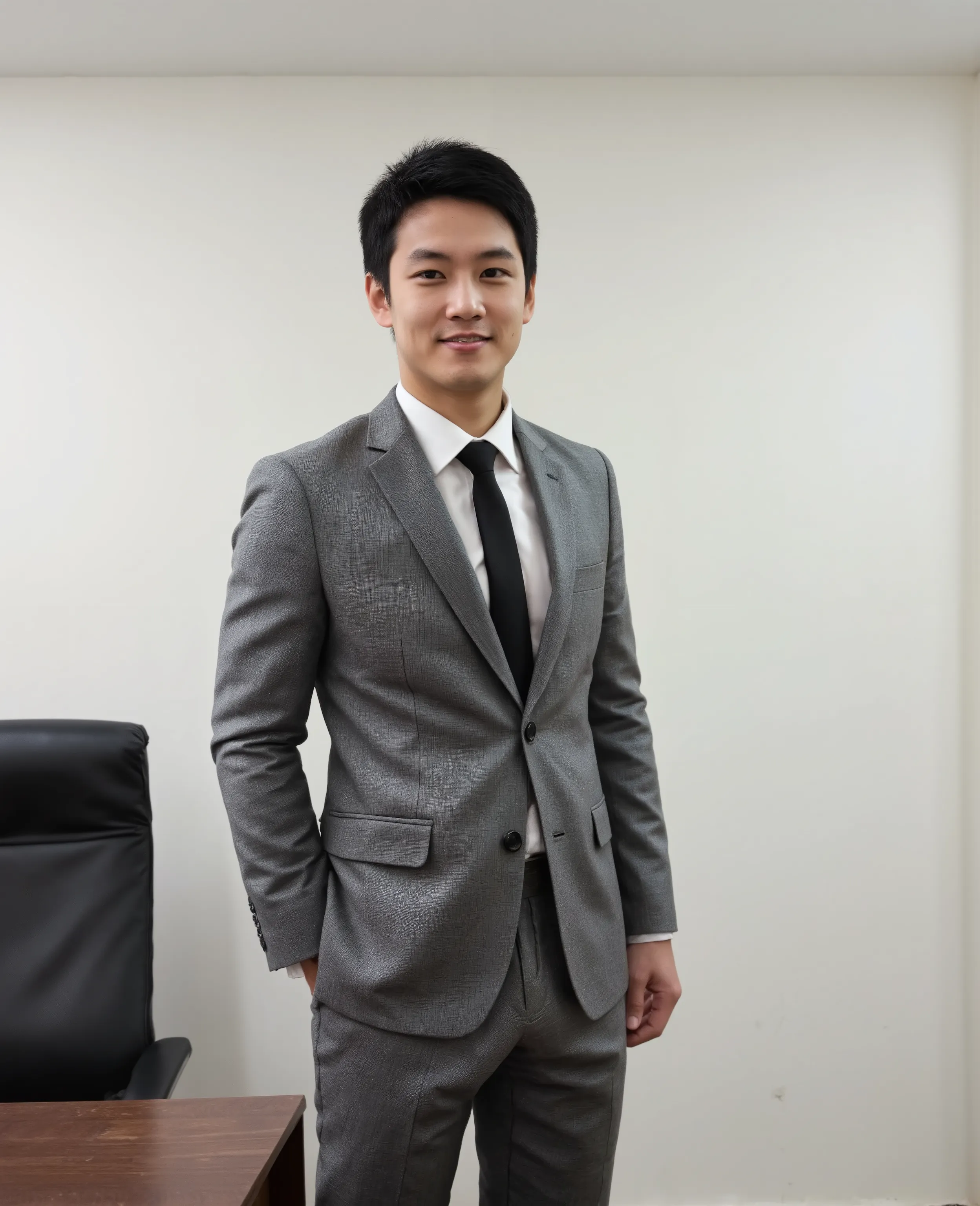 A handsome young Asian man wearing a very handsome gray suit at the office, Embossed pants pointing up to the right, Very Sexy, very realistic , Natural