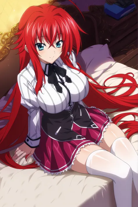 score_9, score_8_up, score_7_up,  Anime source , perfect lighting, very aesthetic, REST, anime screencap, colored anime, ri4as-dxd , a chic, red hair, Huge Ahoge ,very long hair, blue eyes,deep ocean blue eyes, cross bangs,large voluptuous breasts, shirt, ...