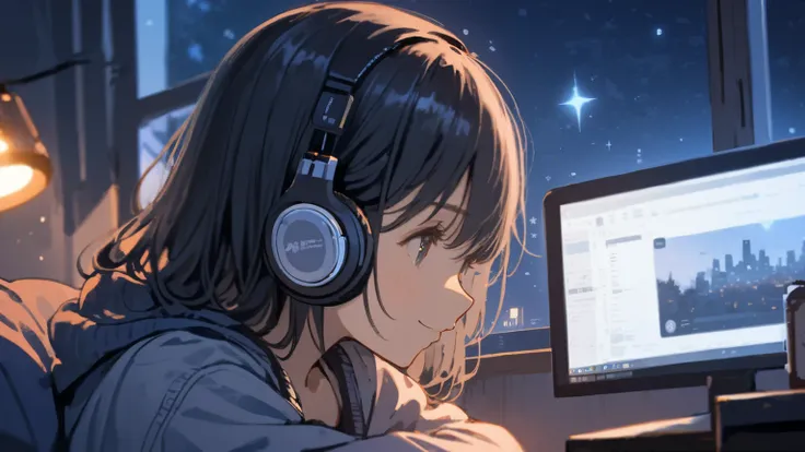 beautiful 1girl , solo , gentle smile on her face  ,  , black hair , Beautiful depiction , girl sitting in front of a computer , girl listening to music in a cozy room (night) , Using headphones , on the roof , (beautiful night views from windows) , lots o...