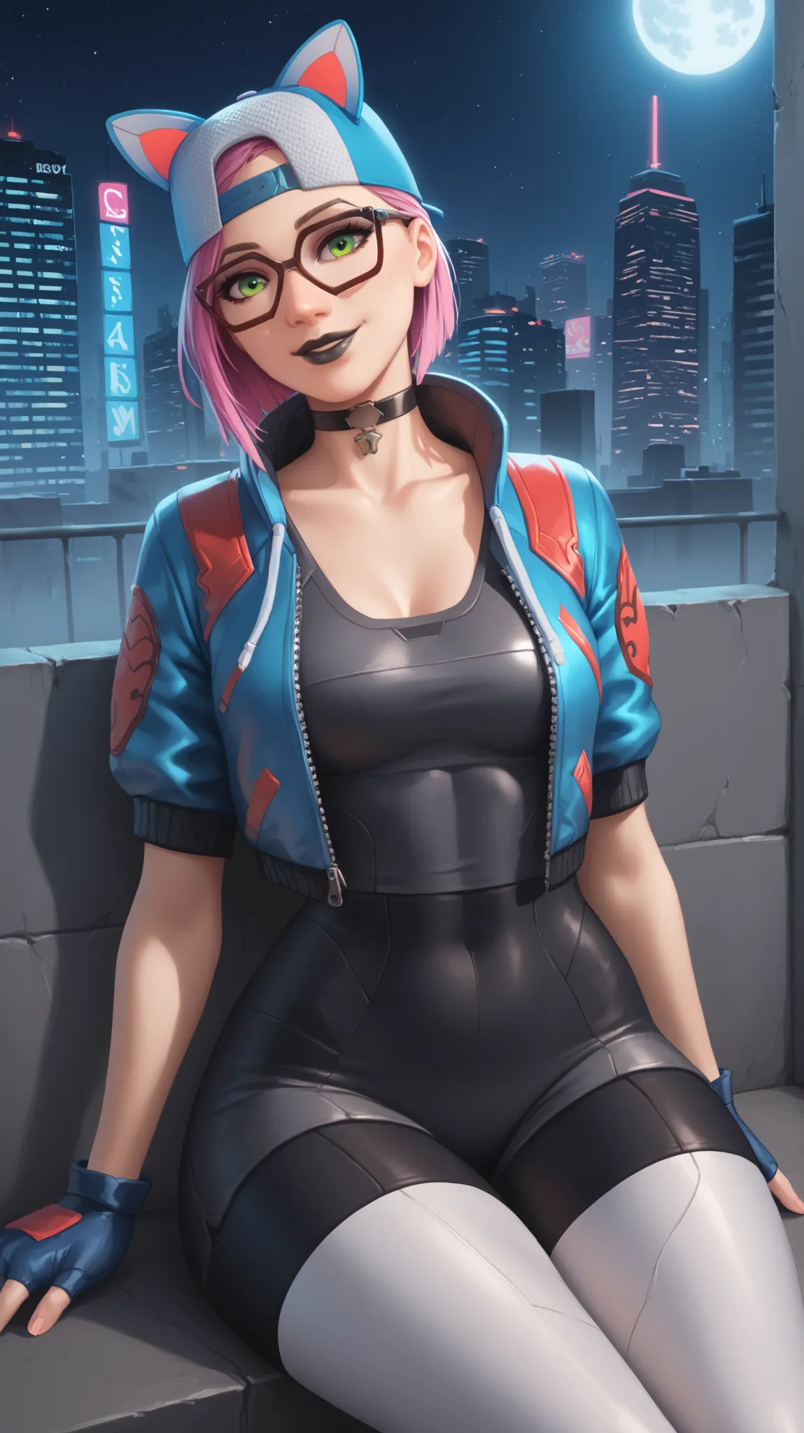 girl (masterpiece)choker,black lips,mischievous smile,beautiful bright green eyes, cap, cat ears,fingerless gloves,evening (only)loose V-neck gray T-shirt, blue short jacket,black shorts with white leggings,tight spandex shorts,video games, exterior of an ...
