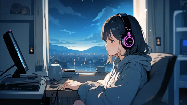 beautiful 1girl , solo , gentle smile on her face  ,  , black hair , Beautiful depiction , girl sitting in front of a computer , girl listening to music in a cozy room (night) , Using headphones , on the roof , (beautiful night views from windows) , lots o...