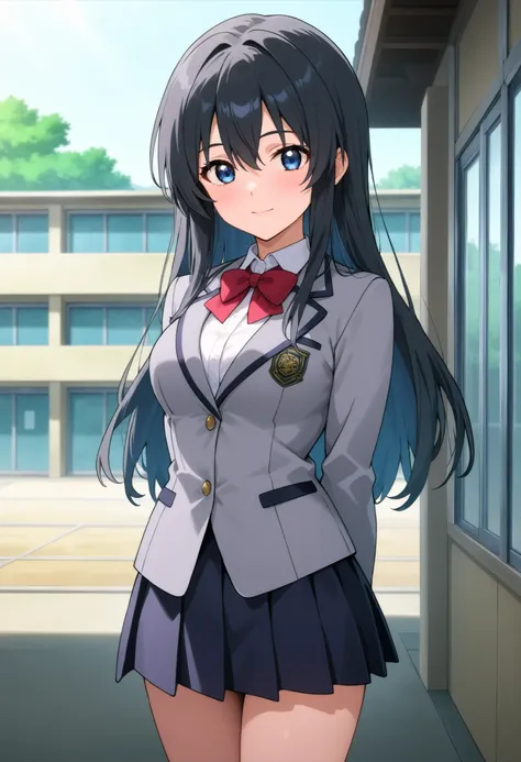 higurashikira, anime screencap, anime coloring, cowboy shot, 
1girl, solo, medium female, toned female, black hair, long hair, parted bangs, long sidelocks, blue eyes, small breasts, 
school uniform, grey blazer, red bowtie, white collared shirt, black ple...