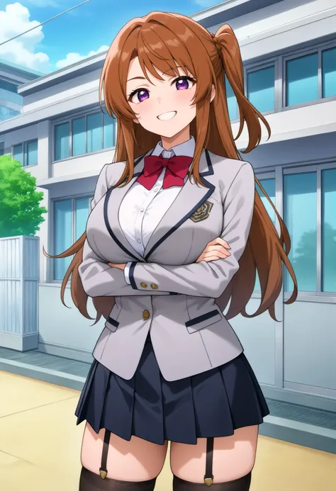 higurashikira, anime screencap, anime coloring, cowboy shot, 
1girl, solo, tall female, toned female, brown hair, long hair, one side up, swept bangs, long sidelocks, purple eyes, huge breasts, 
school uniform, grey blazer, red bowtie, white collared shirt...