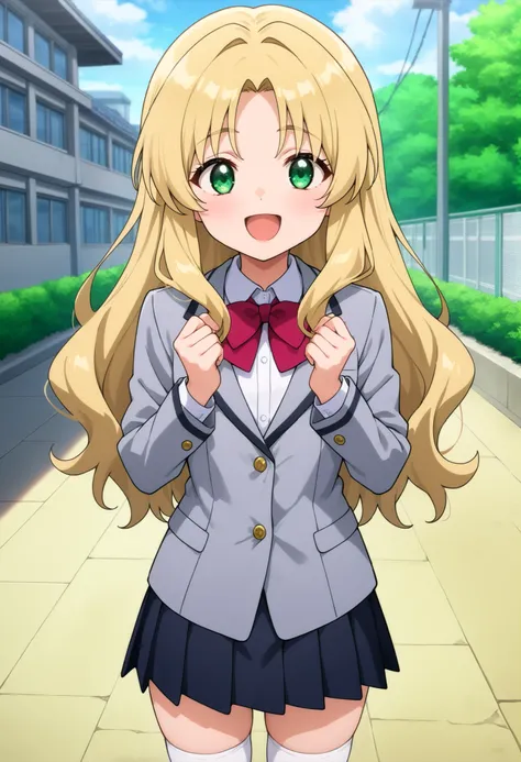 higurashikira, anime screencap, anime coloring, cowboy shot, 
1girl, solo, short female, toned female, beige blonde hair, long hair, layered hair, parted bangs, medium sidelocks, green eyes, flat chest, 
school uniform, grey blazer, red bowtie, white colla...